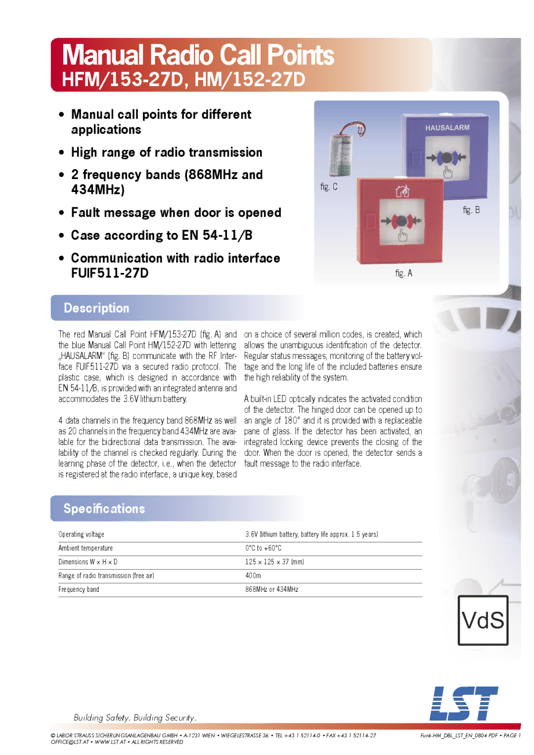 LST specifications Manual Radio Call Points, HFM/153-27D, HM/152-27D, Description, Speciﬁcations 