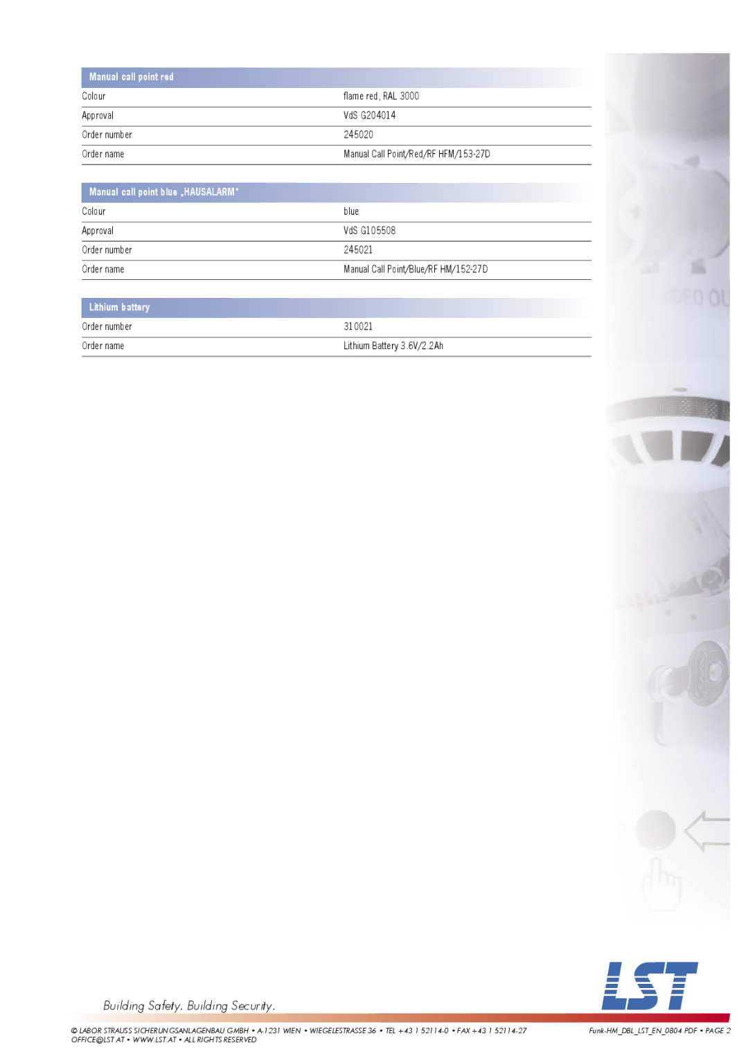 LST HM/152-27D, HFM/153-27D specifications Manual call point red, Manual call point blue „HAUSALARM, Lithium battery 