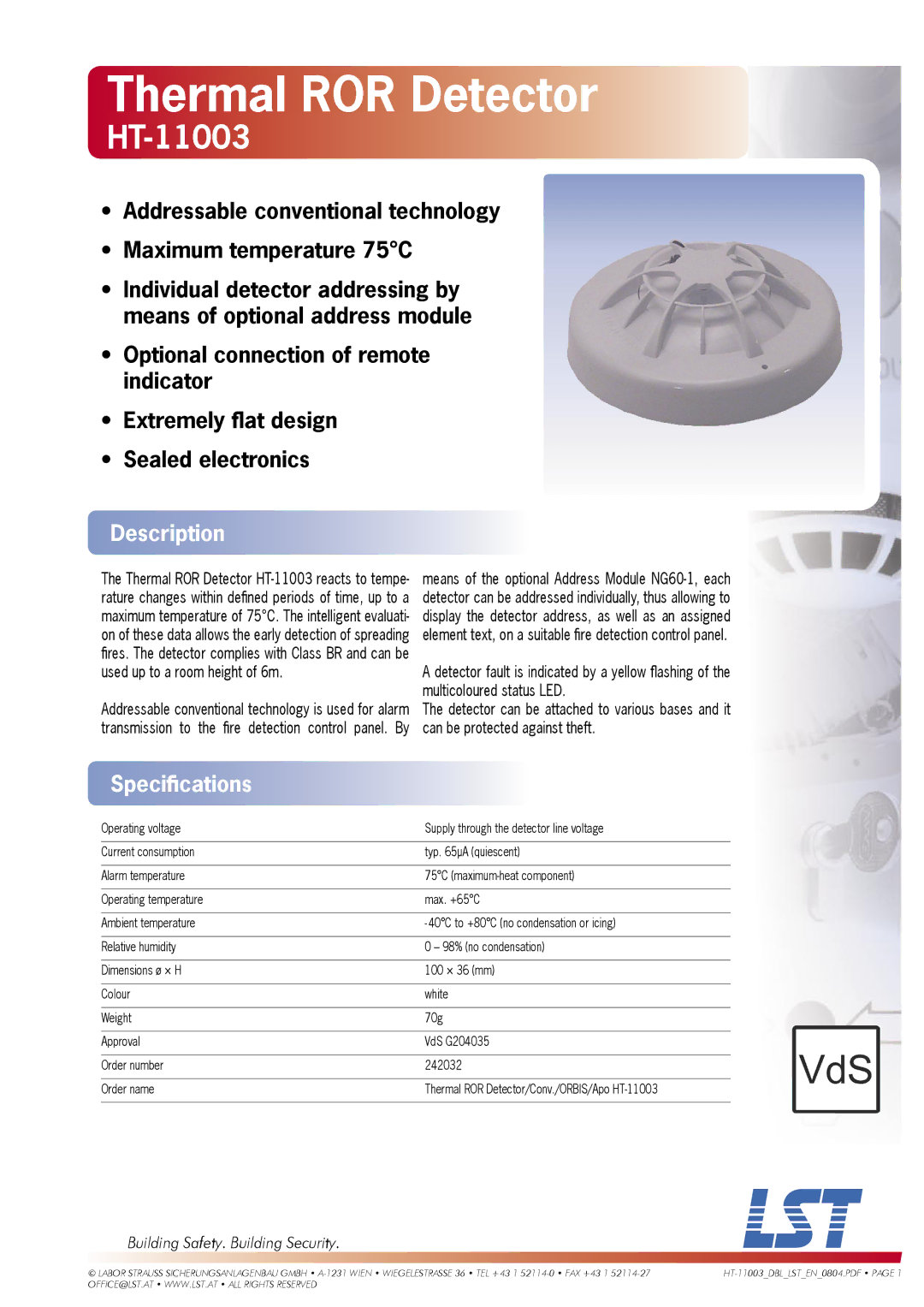 LST HT-11003 specifications Thermal ROR Detector, Description, Speciﬁcations, Building Safety. Building Security 