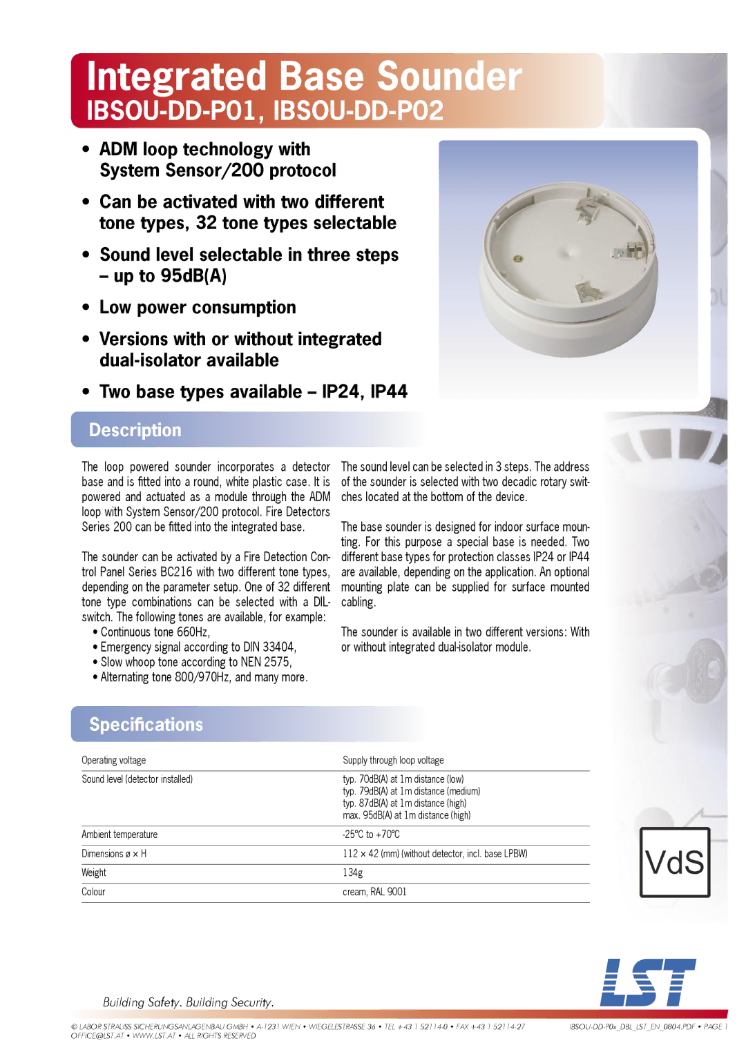 LST specifications Integrated Base Sounder, IBSOU-DD-P01, IBSOU-DD-P02, Description, Speciﬁcations 