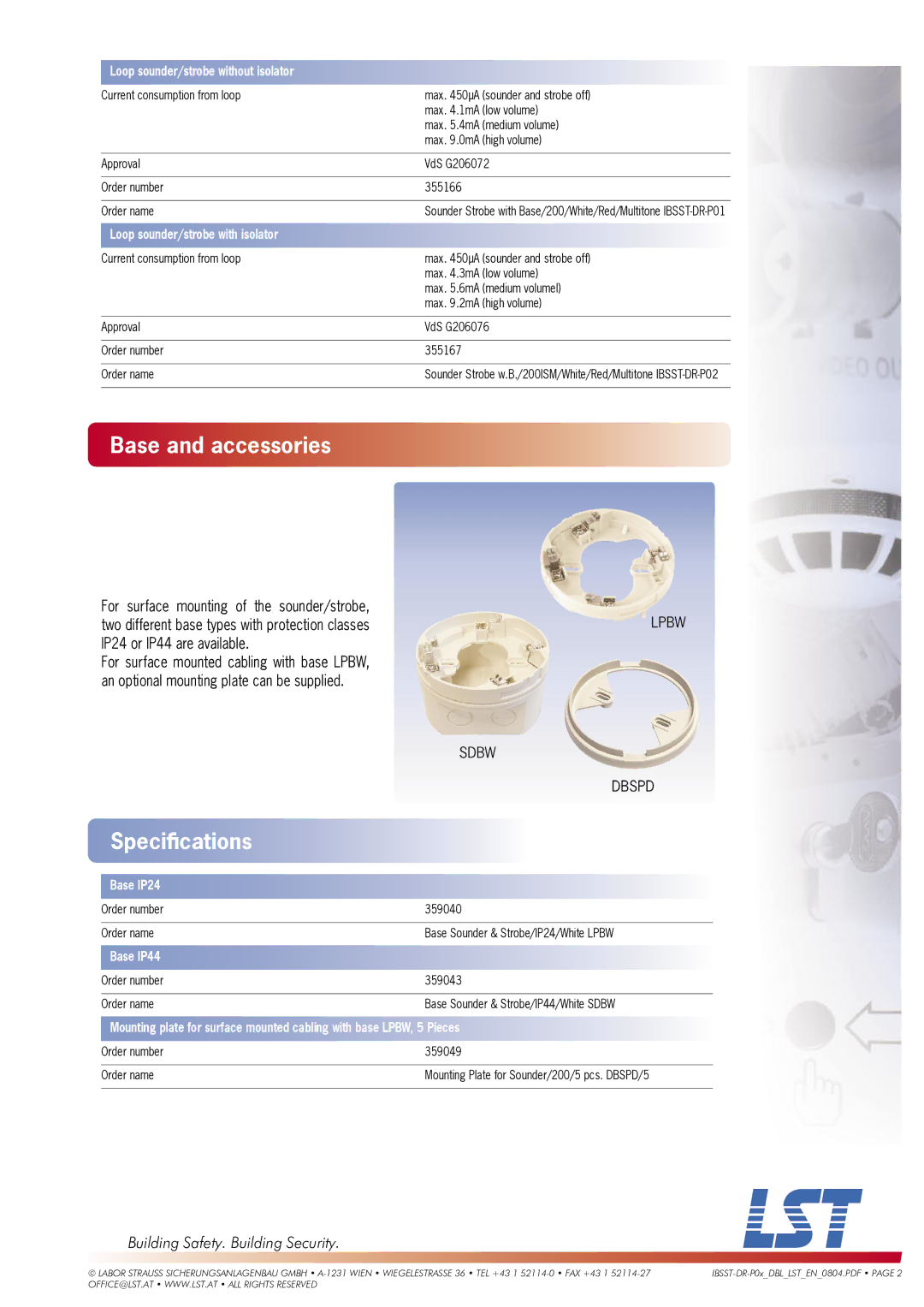 LST IBSST-DR-P01 Base and accessories, Loop sounder/strobe without isolator, Loop sounder/strobe with isolator, Base IP24 