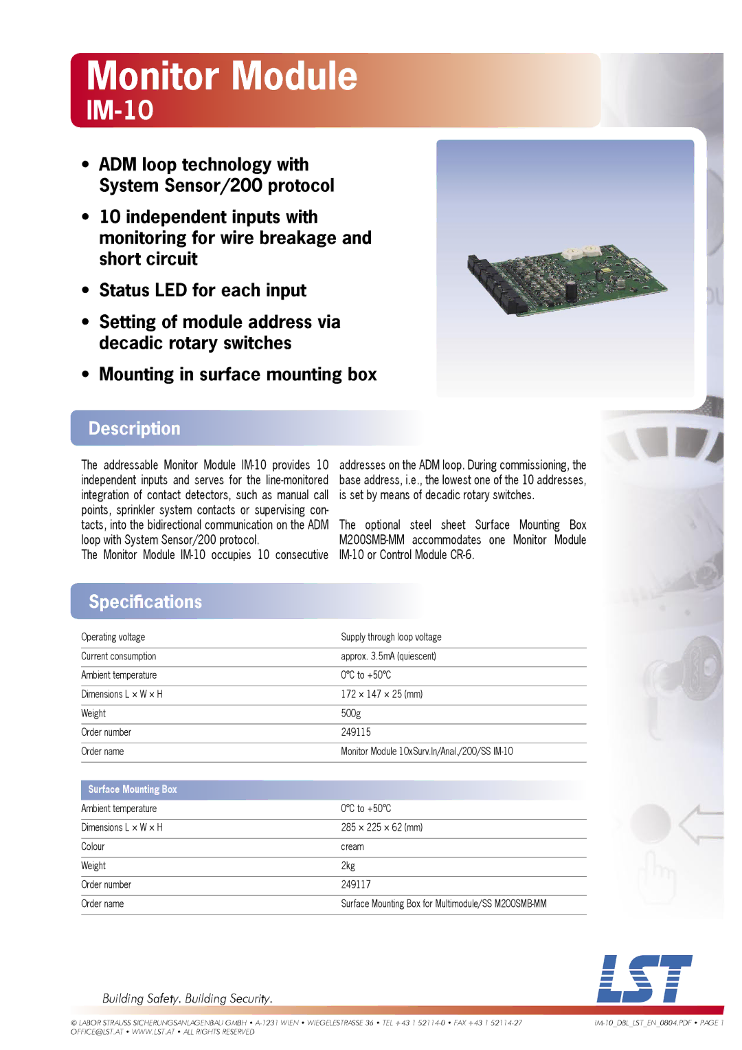 LST IM-10 specifications Monitor Module, Description, Speciﬁcations, Building Safety. Building Security 