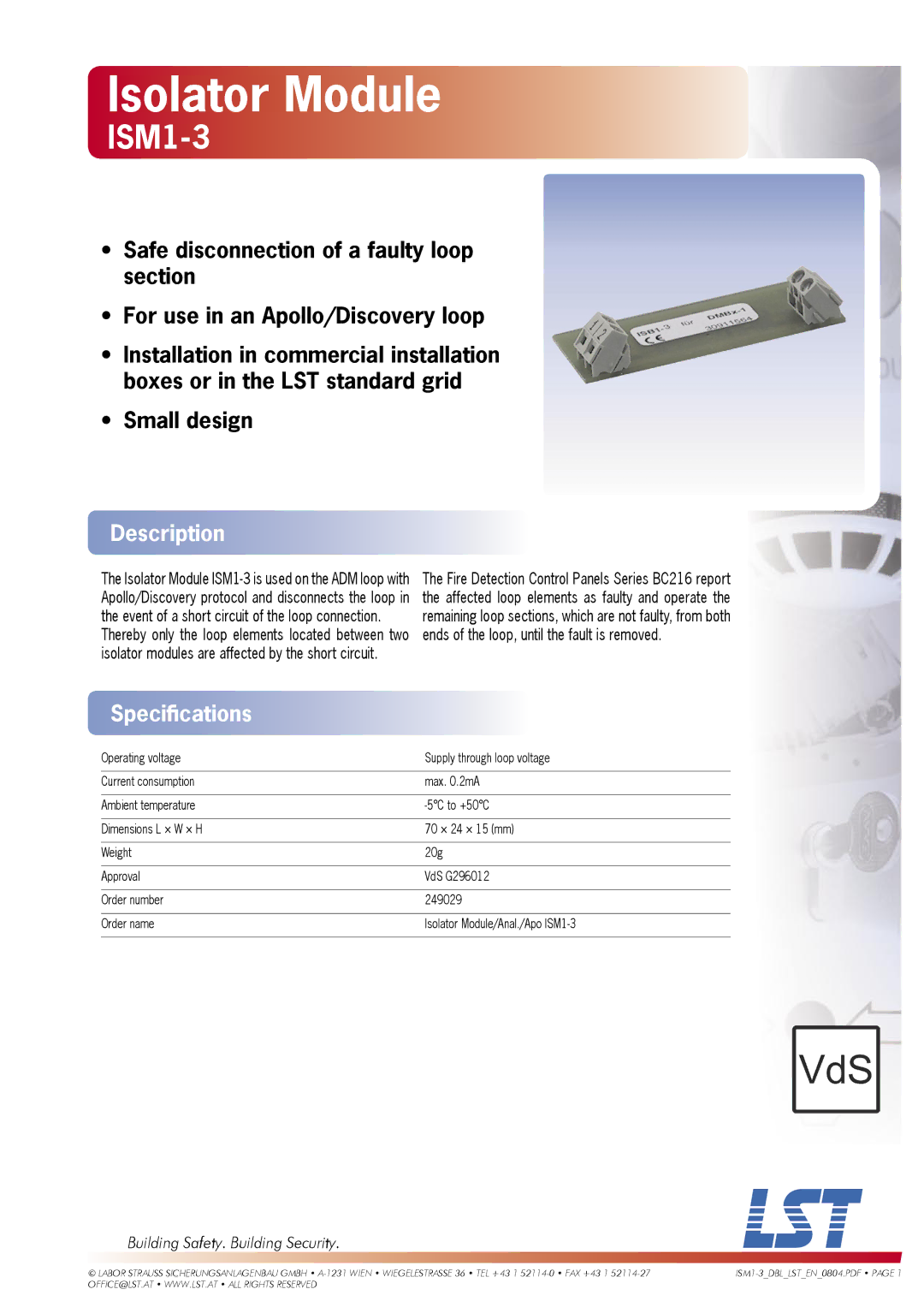 LST ISM1-3 specifications Isolator Module, Description, Speciﬁcations, Building Safety. Building Security 