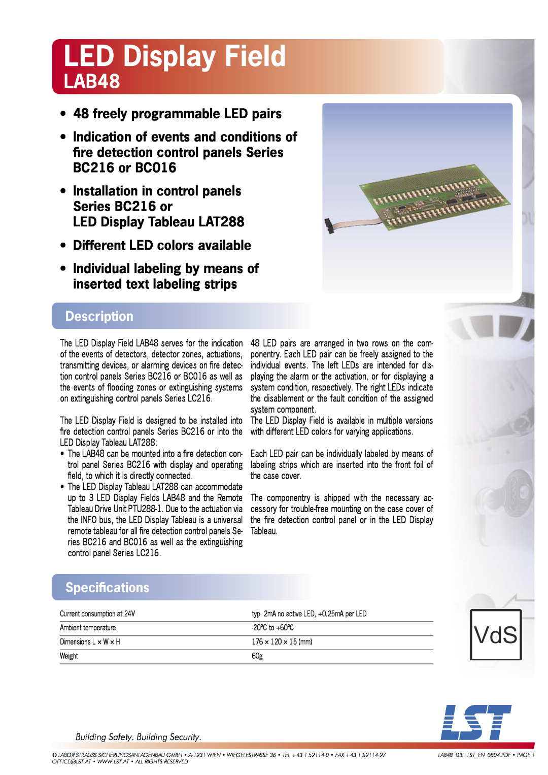 LST LAB48 specifications ﬁeld, to which it is directly connected, Building Safety. Building Security, LED Display Field 