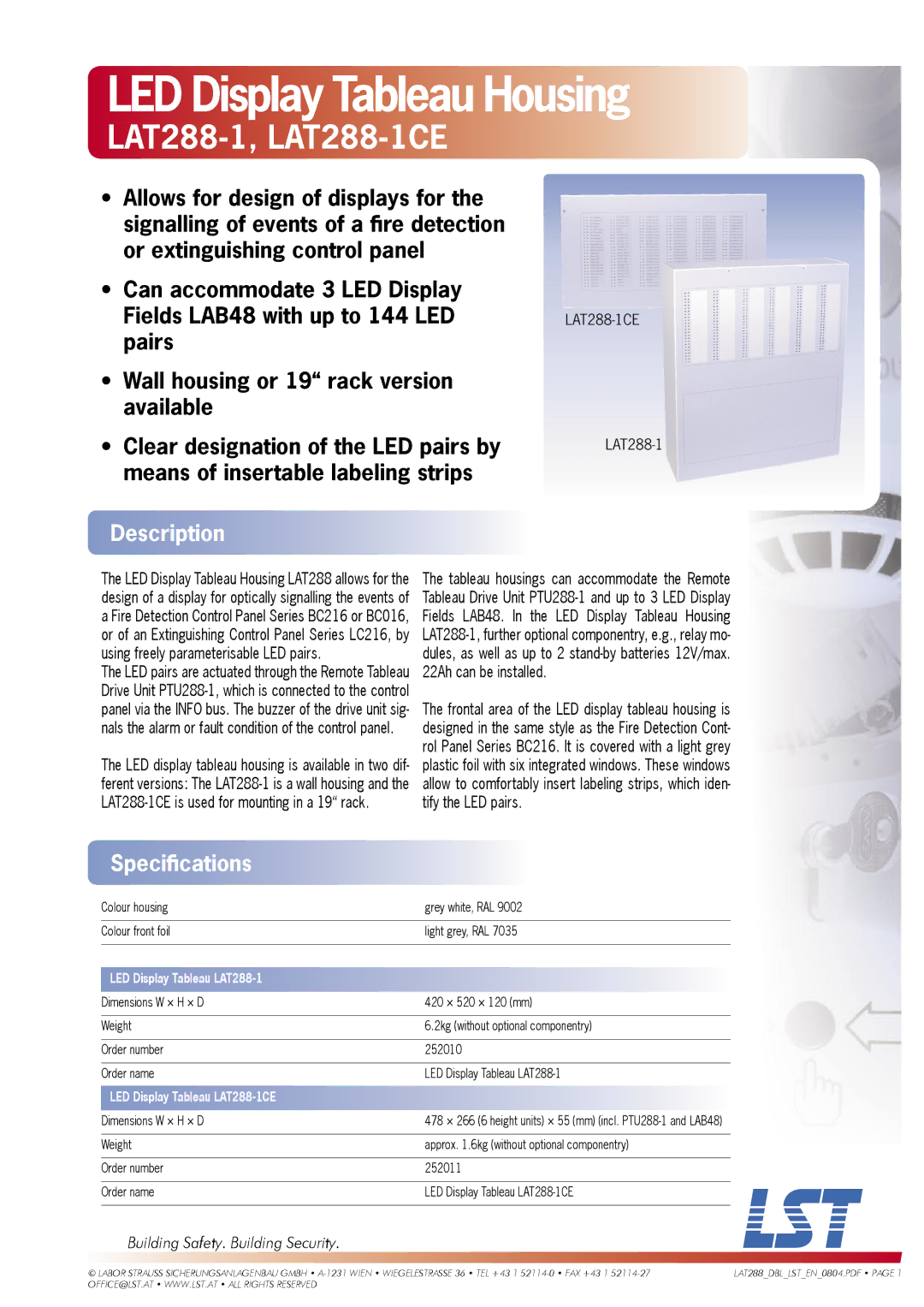 LST specifications LED Display Tableau Housing, LAT288-1, LAT288-1CE, Description, Speciﬁcations 