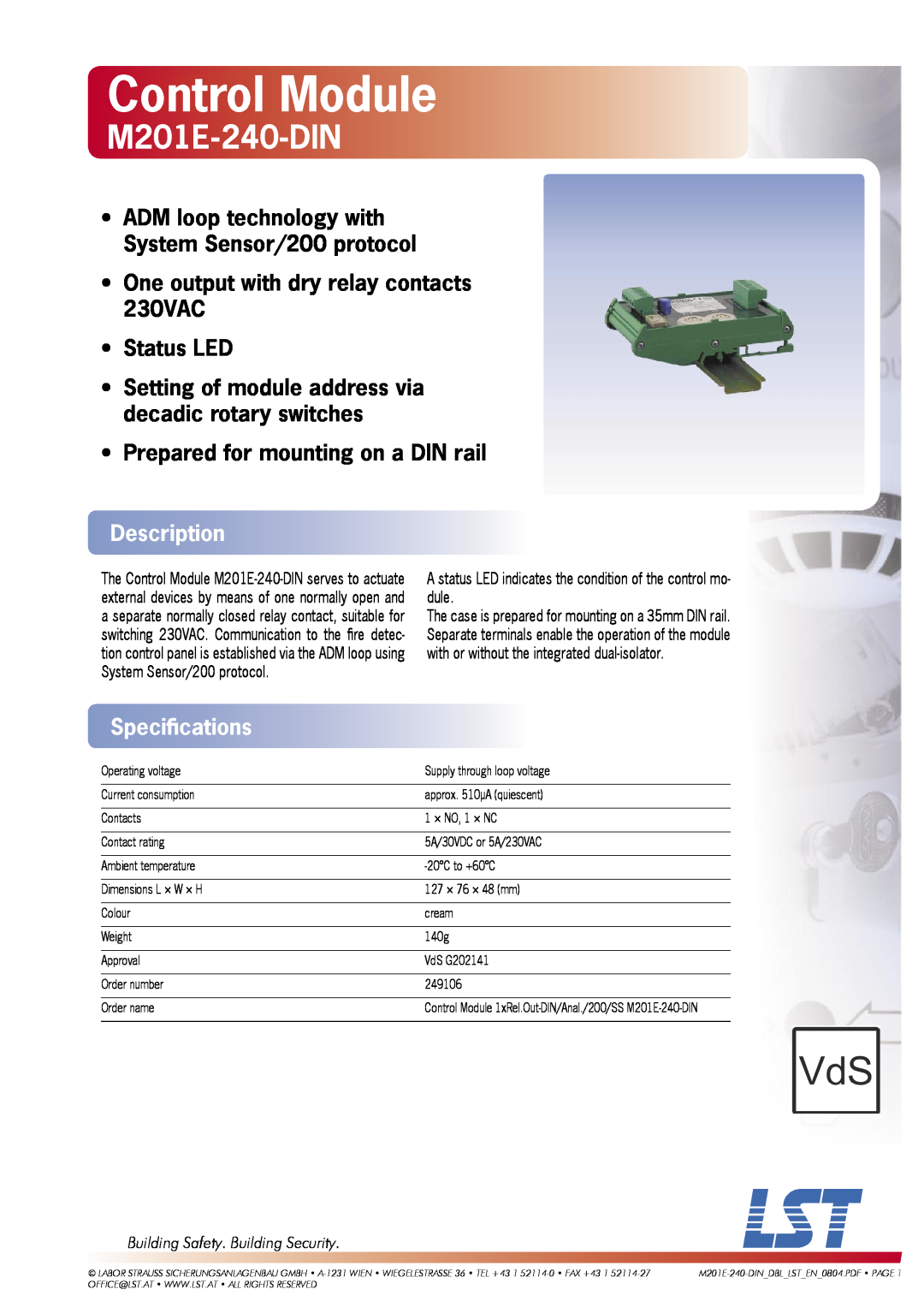 LST M201E-240-DIN specifications Control Module, One output with dry relay contacts 230VAC, Status LED, Description 