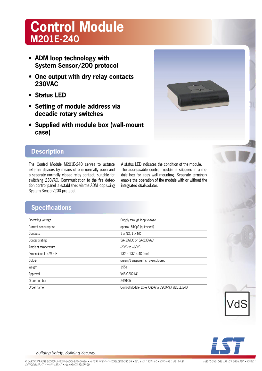 LST M201E-240 specifications Control Module, Description, Speciﬁcations, Building Safety. Building Security 