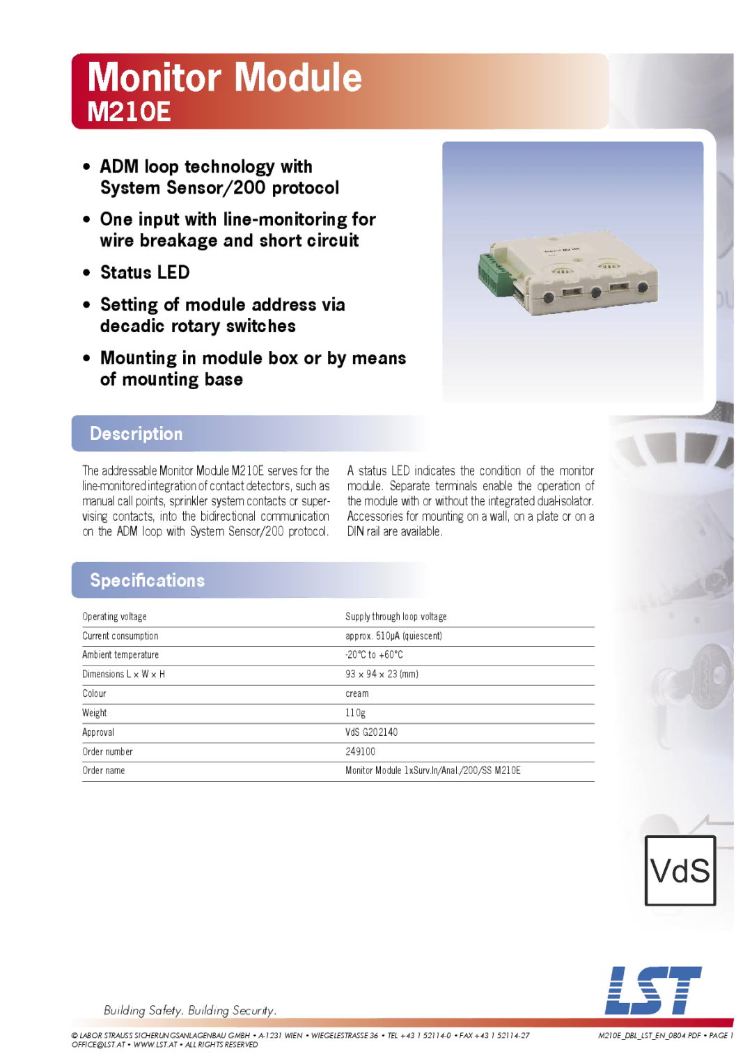 LST M210E specifications Monitor Module, Description, Speciﬁcations, Building Safety. Building Security 