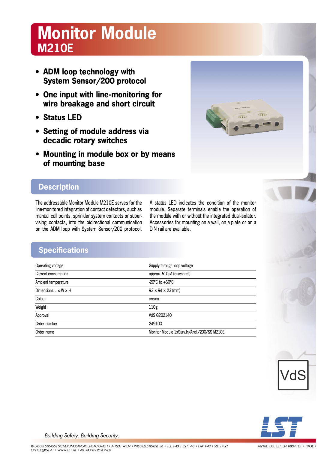 LST M210E specifications Monitor Module, Description, Speciﬁcations 