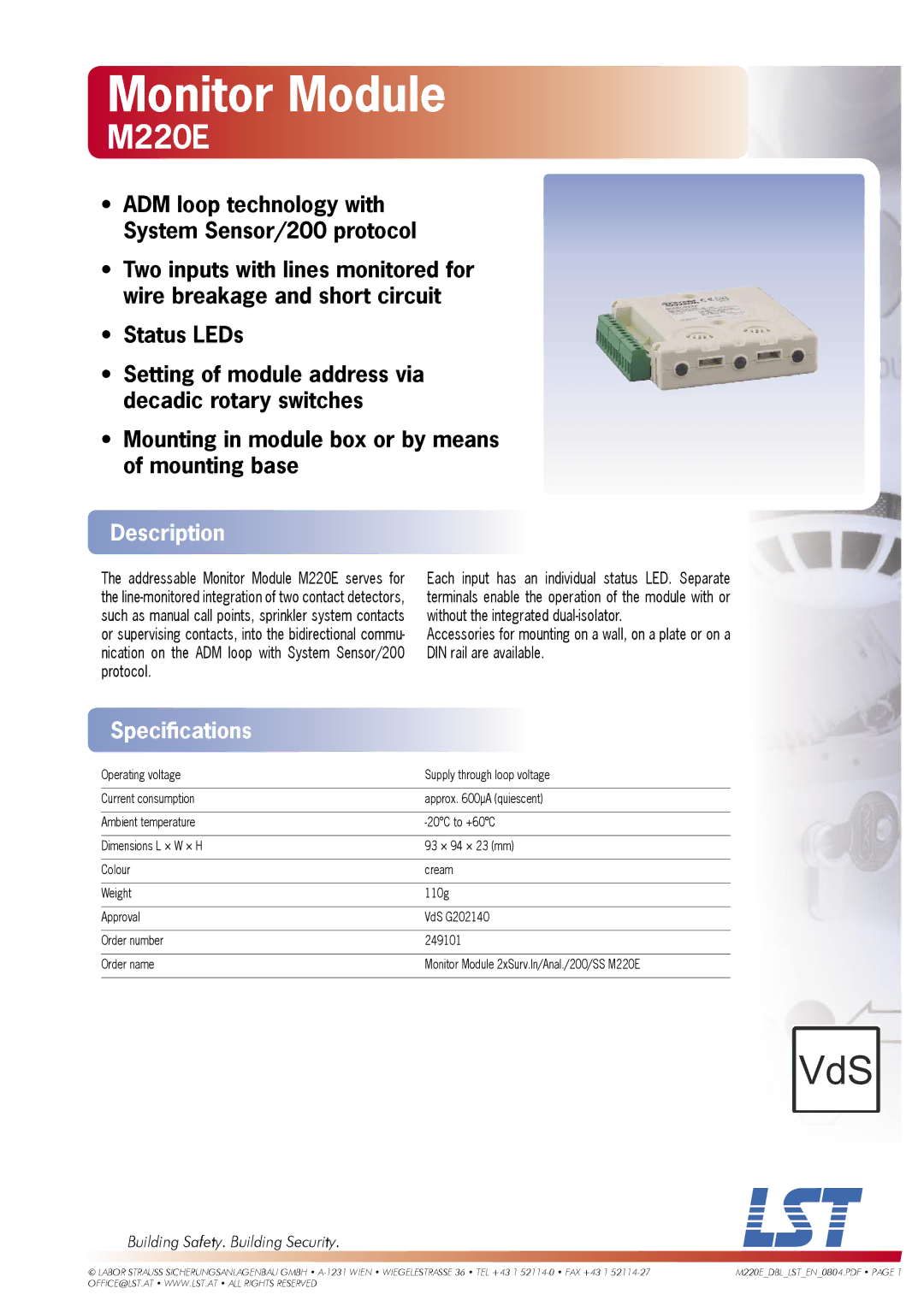 LST M220E specifications Monitor Module, Description, Speciﬁcations, Building Safety. Building Security 