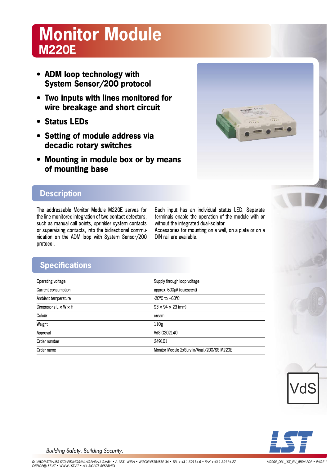 LST M220E specifications Monitor Module, Description, Speciﬁcations 