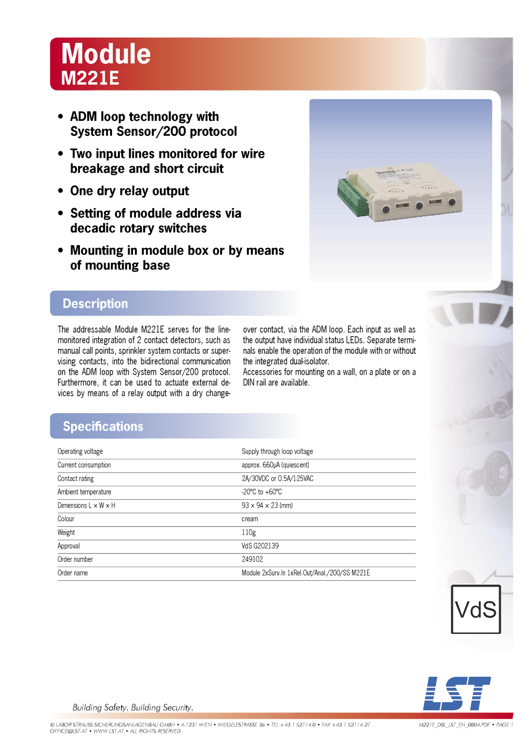 LST M221E specifications Module, Description, Speciﬁcations, Building Safety. Building Security 