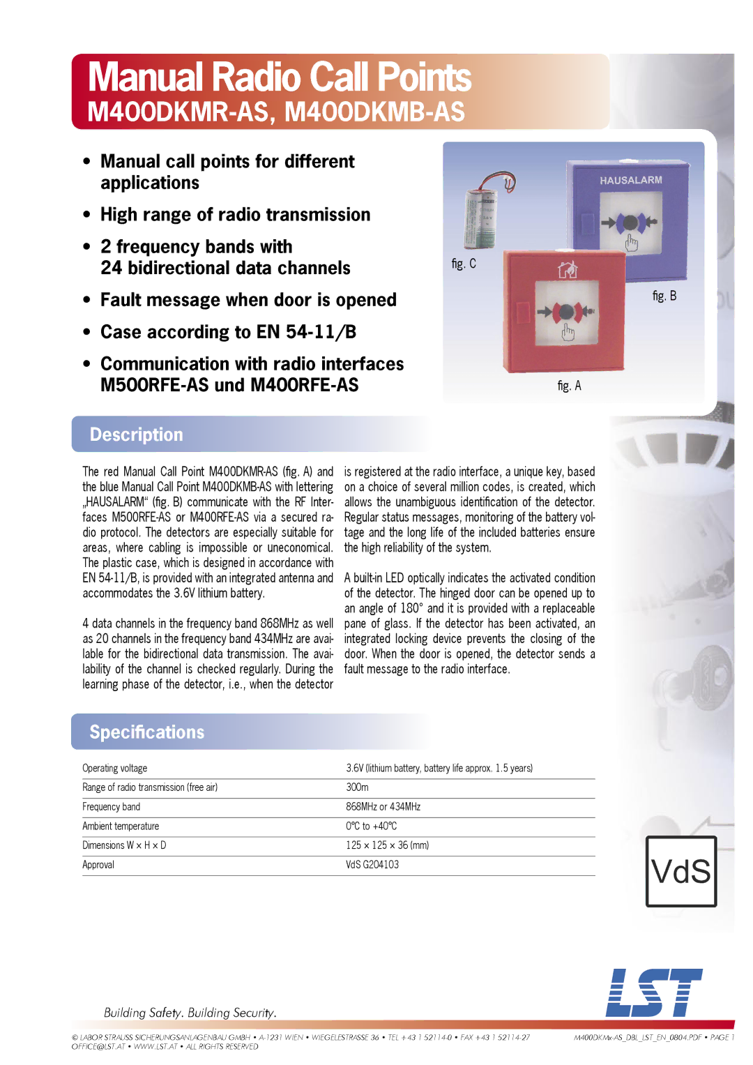 LST specifications Manual Radio Call Points, M400DKMR-AS, M400DKMB-AS, Description, Speciﬁcations 