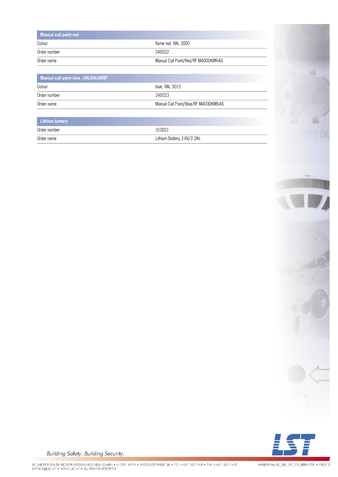 LST M400DKMB-AS, M400DKMR-AS specifications Manual call point red 