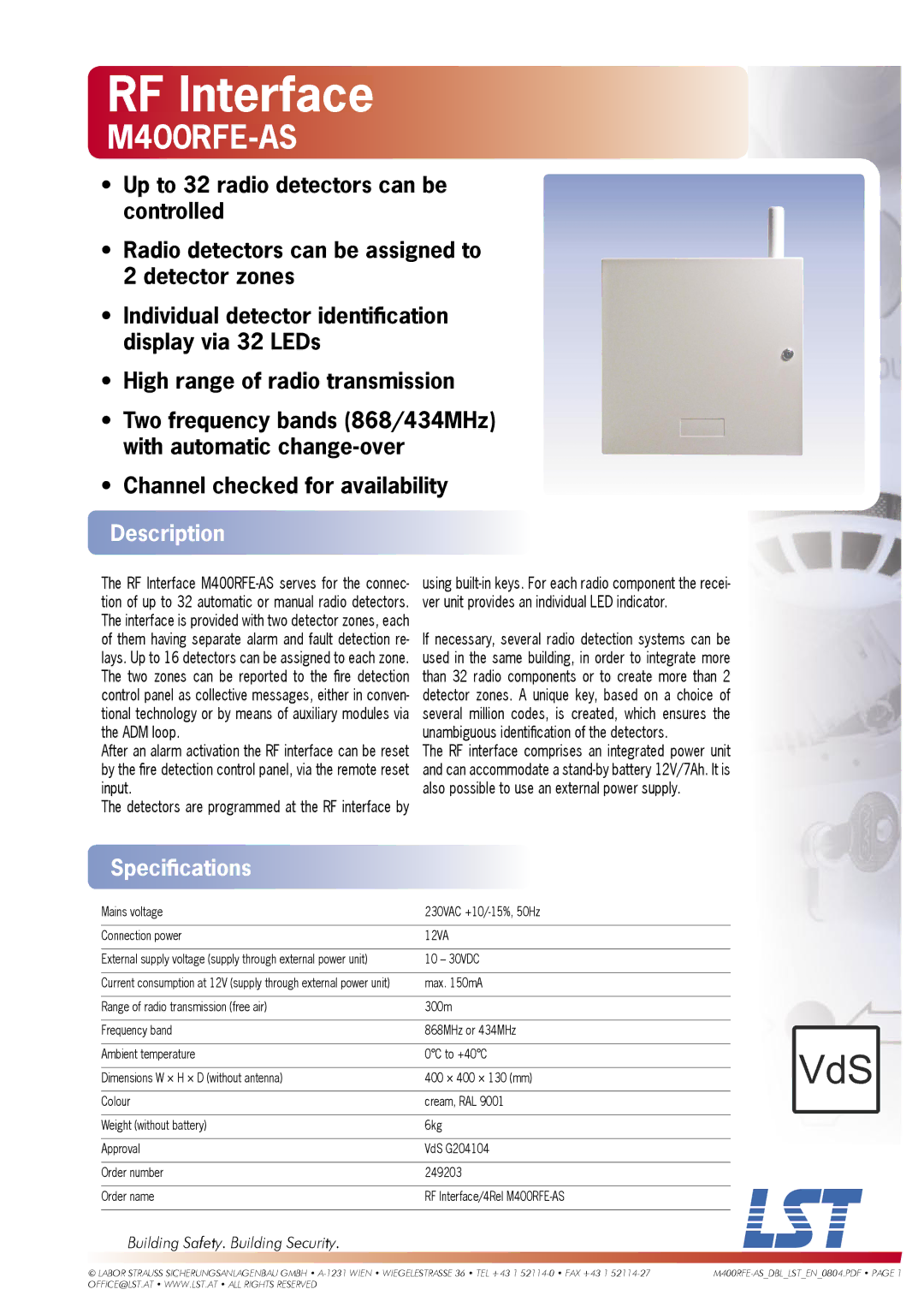 LST M400RFE-AS specifications RF Interface, Description, Speciﬁcations, Building Safety. Building Security 