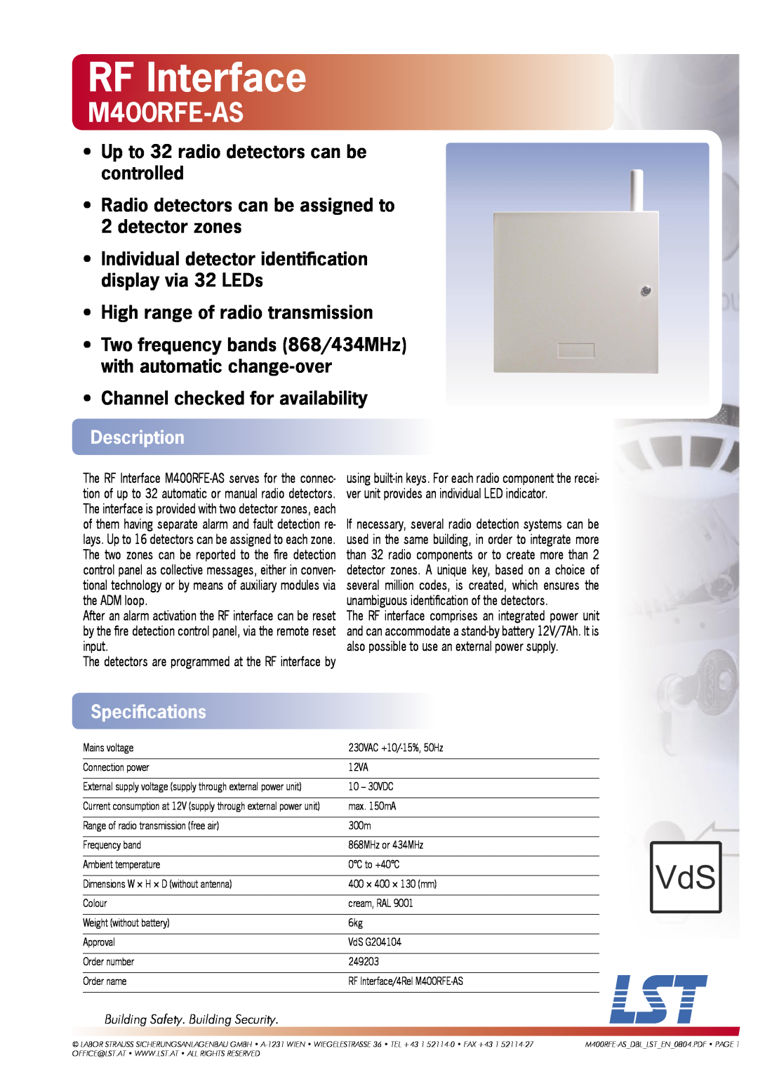 LST M400RFE-AS specifications RF Interface, Up to 32 radio detectors can be controlled, High range of radio transmission 