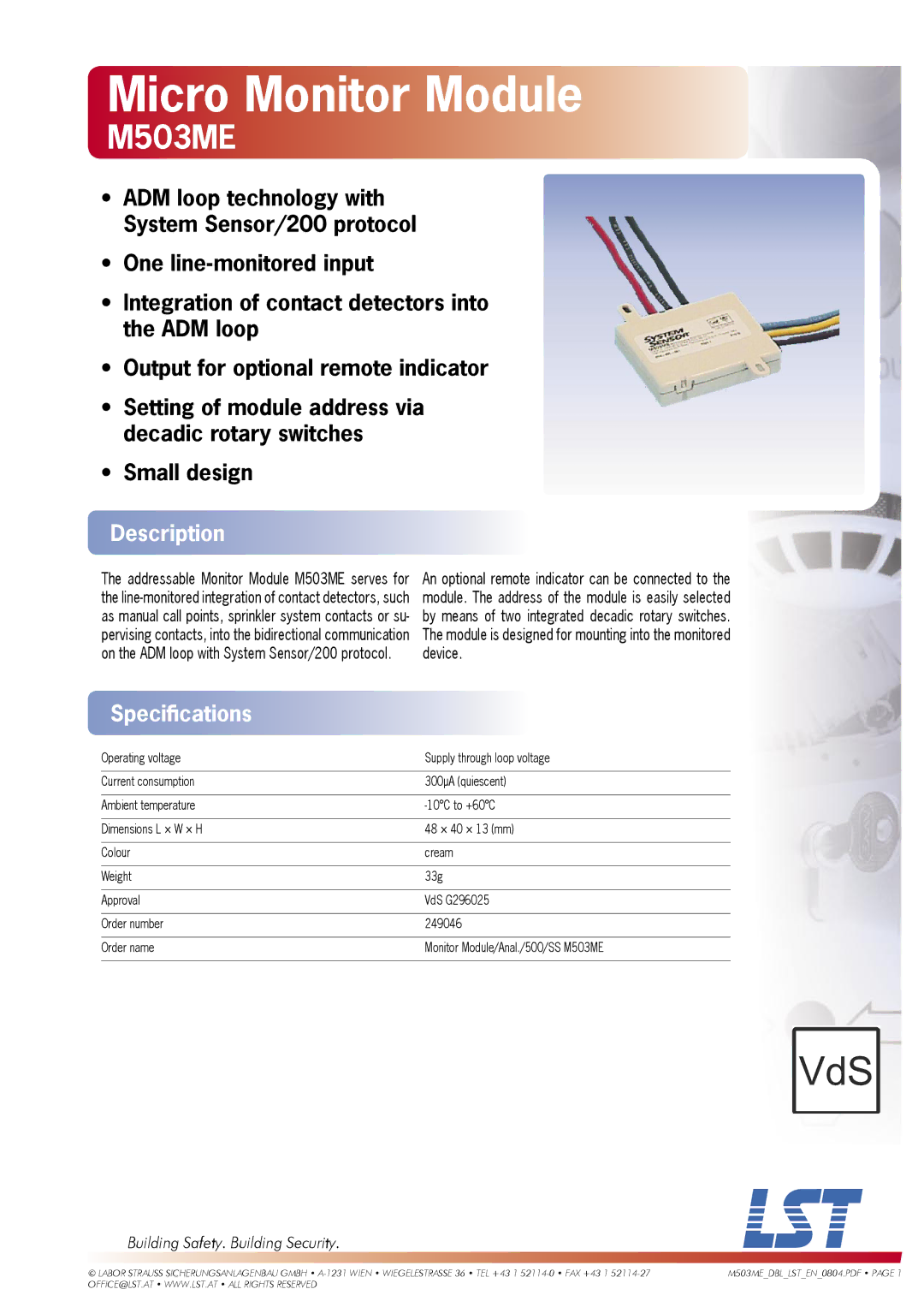 LST M503ME specifications Micro Monitor Module, Description, Speciﬁcations, Building Safety. Building Security 