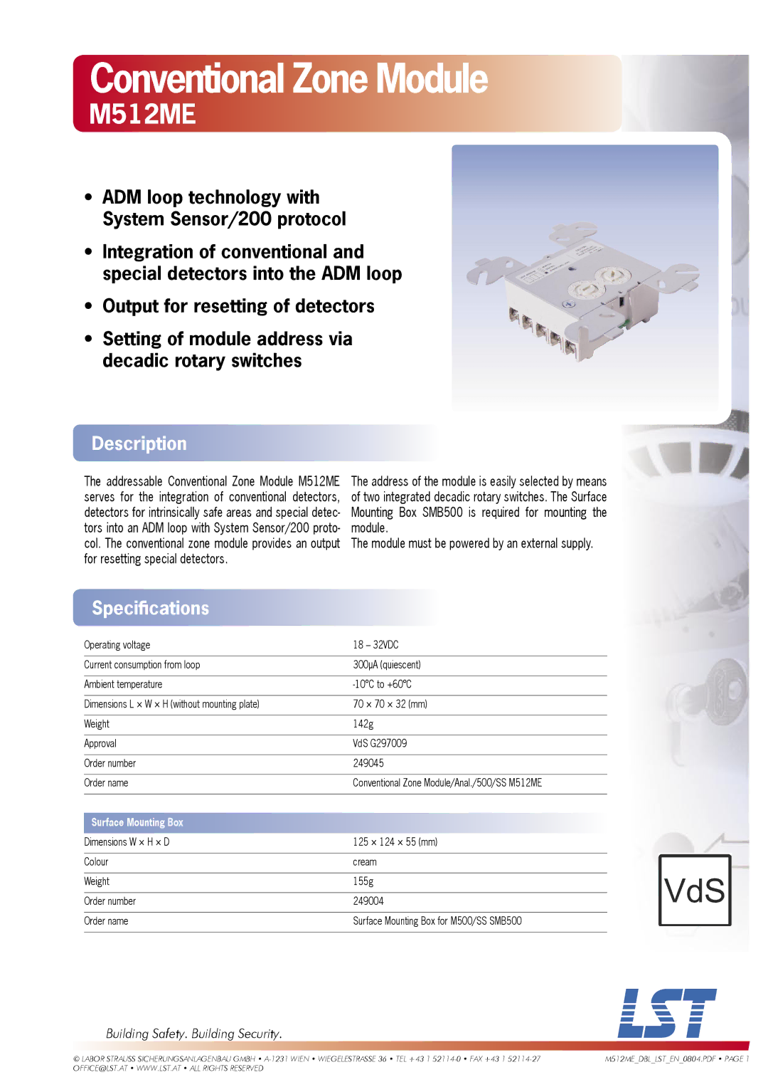 LST M512ME specifications Conventional Zone Module, Description, Speciﬁcations, Building Safety. Building Security 