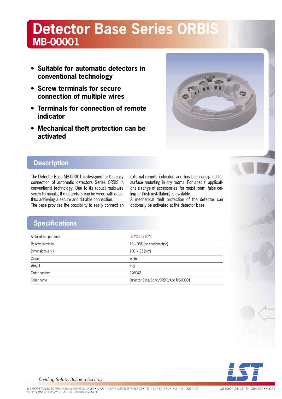 LST 246042 specifications Detector Base Series Orbis, MB-00001, Description, Speciﬁcations 