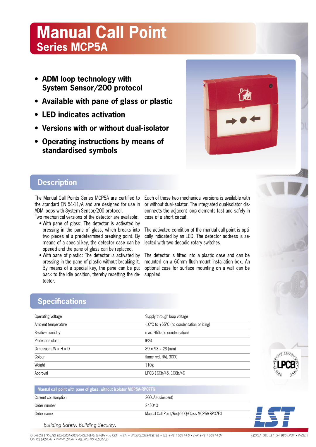 LST MCP5A Series specifications Manual Call Point, Series MCP5A, Description, Speciﬁcations 