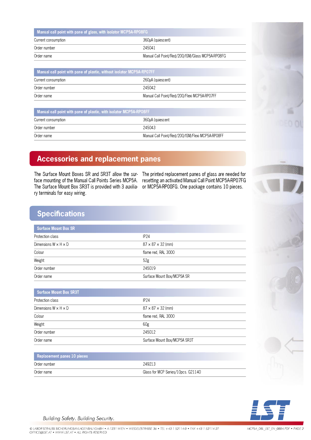 LST MCP5A Series specifications Accessories and replacement panes, Surface Mount Box SR3T, Replacement panes 10 pieces 