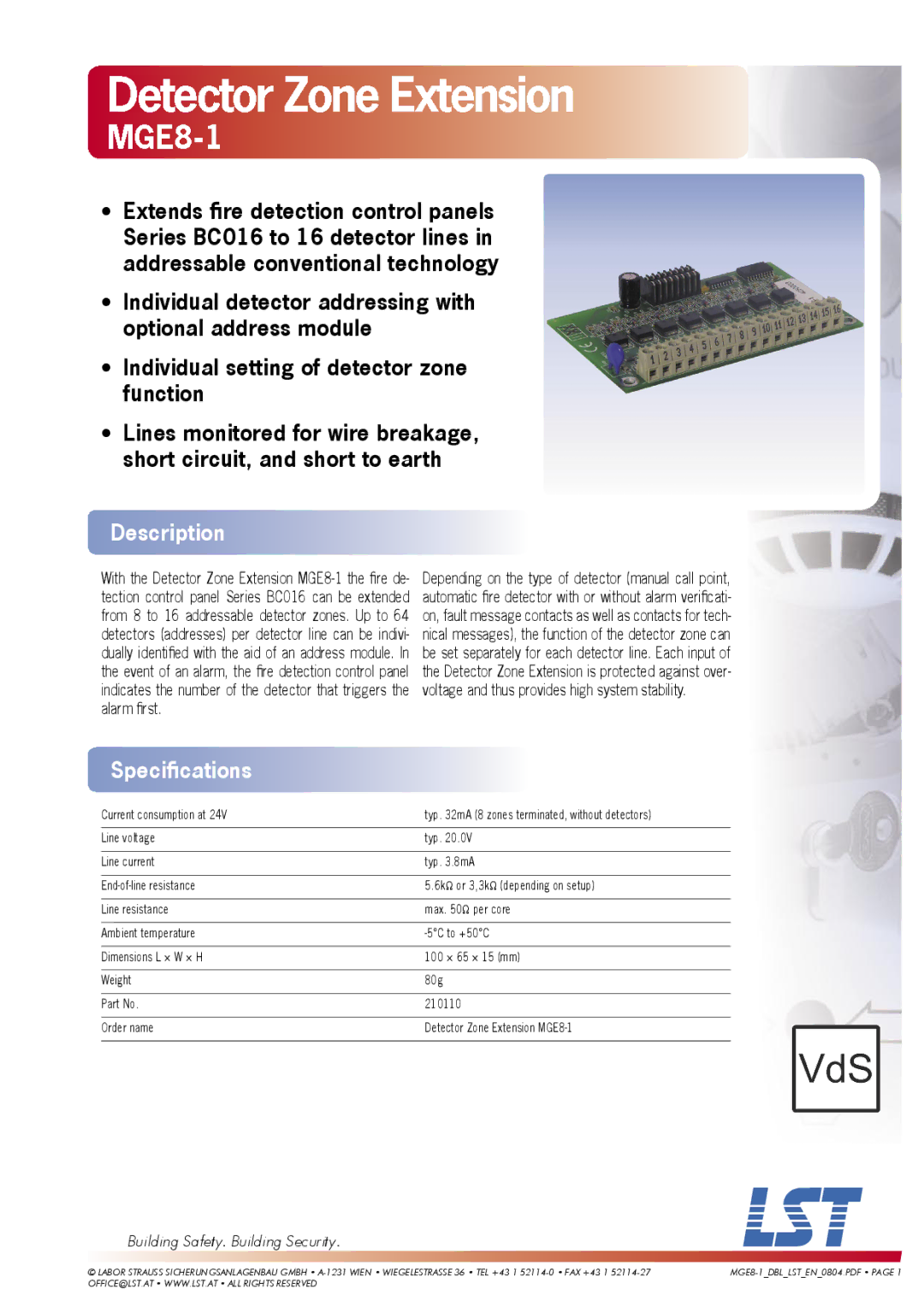 LST MGE8-1 specifications Detector Zone Extension, Description, Speciﬁcations, Building Safety. Building Security 