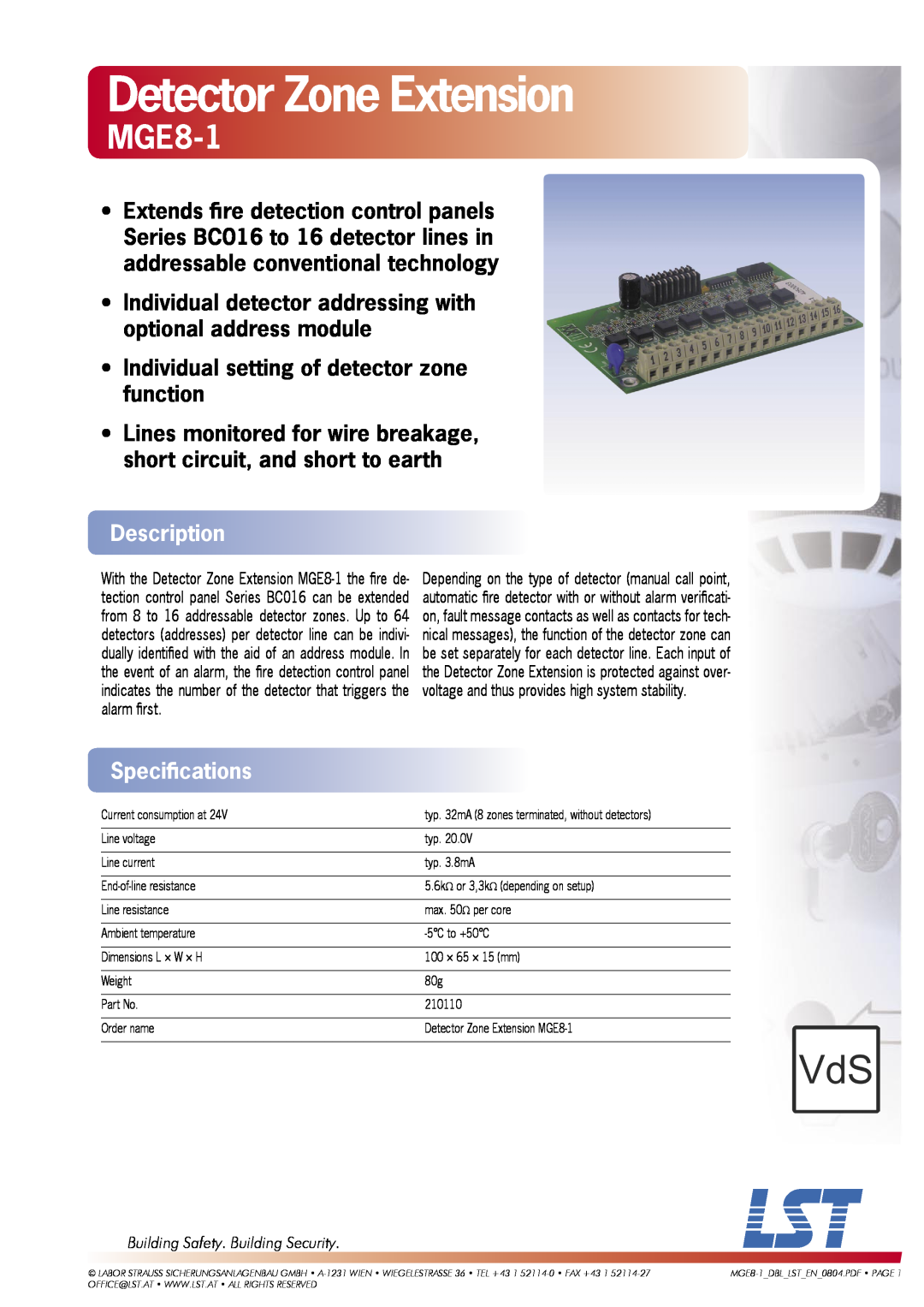 LST MGE8-1 specifications Detector Zone Extension, Individual setting of detector zone function, Description 