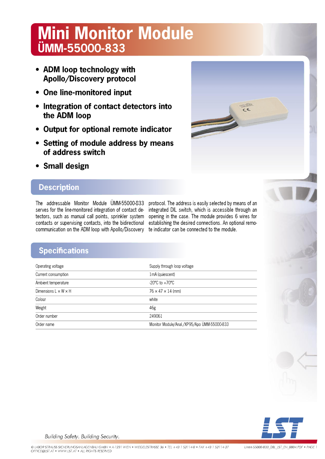 LST specifications Mini Monitor Module, ÜMM-55000-833, Description, Speciﬁcations, Building Safety. Building Security 