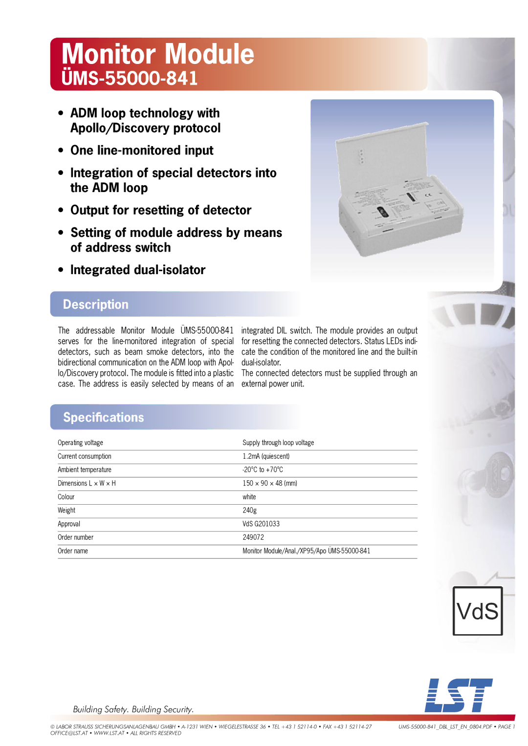 LST specifications Monitor Module, ÜMS-55000-841, Description, Speciﬁcations, Building Safety. Building Security 