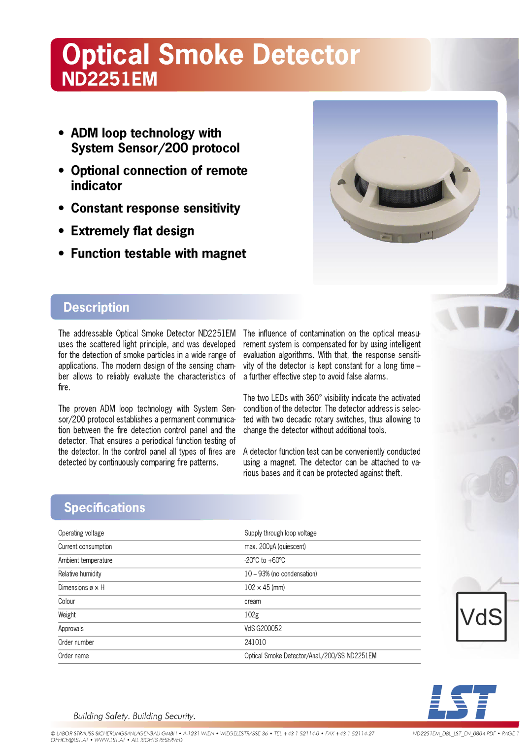 LST ND2251EM specifications Optical Smoke Detector, Description, Speciﬁcations, Building Safety. Building Security 