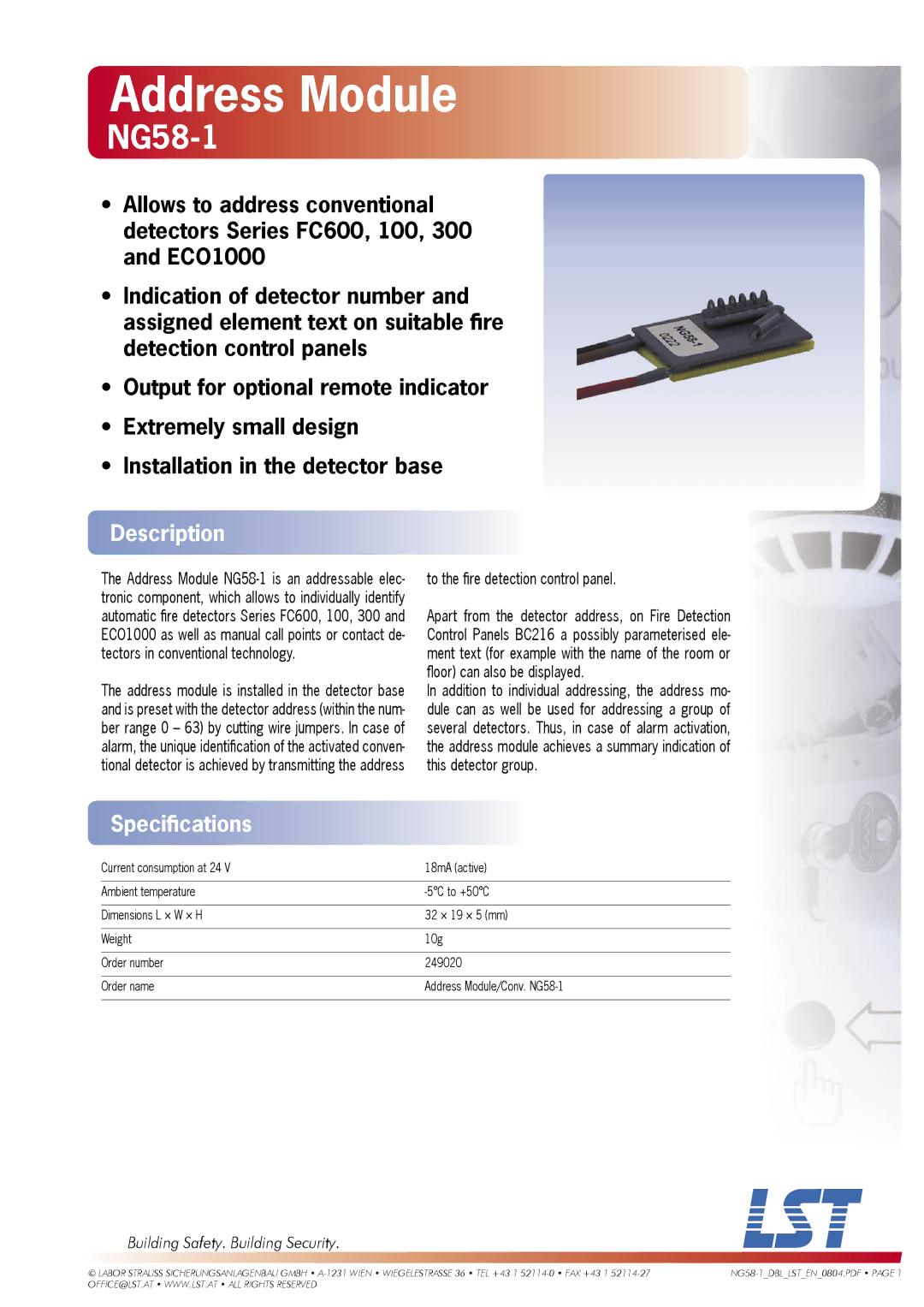 LST 249020 specifications Address Module, NG58-1, Description, Speciﬁcations 