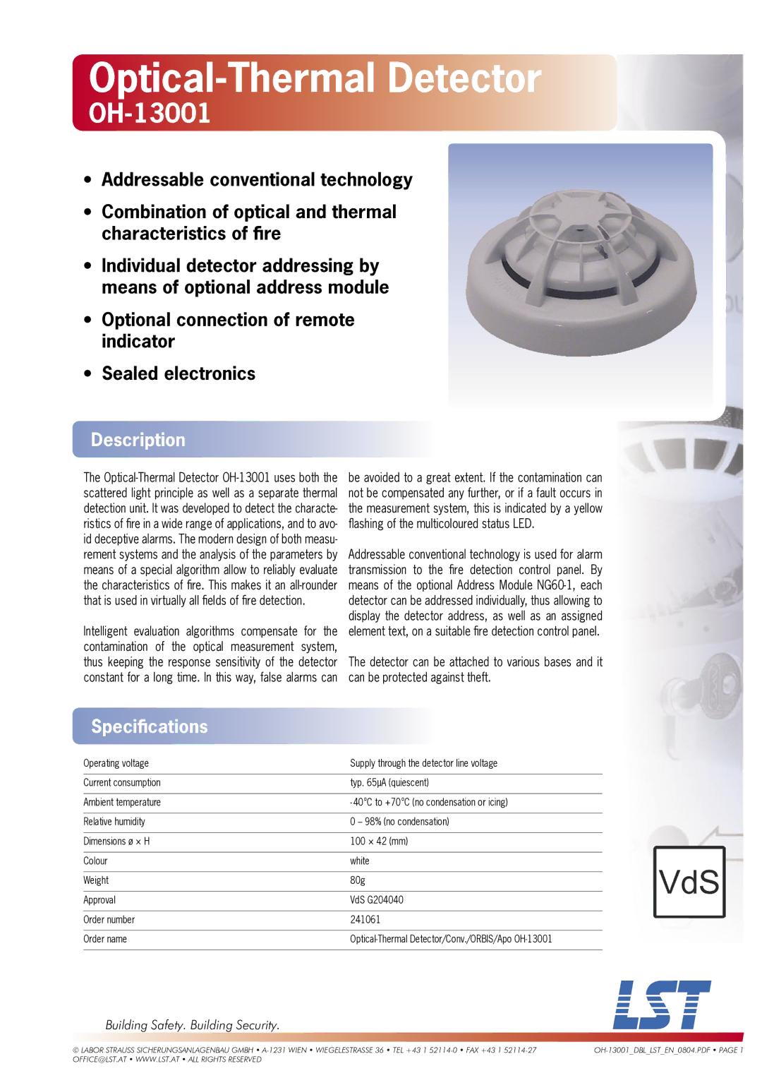 LST OH-13001 specifications Optical-Thermal Detector, Description, Speciﬁcations, Building Safety. Building Security 