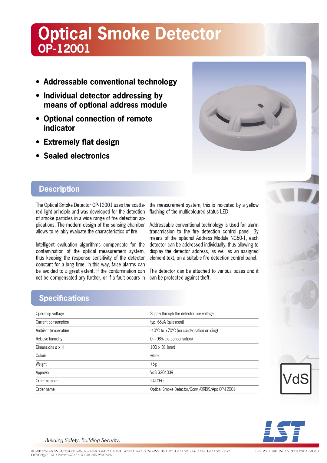 LST OP-12001 specifications Optical Smoke Detector, Description, Speciﬁcations, Building Safety. Building Security 