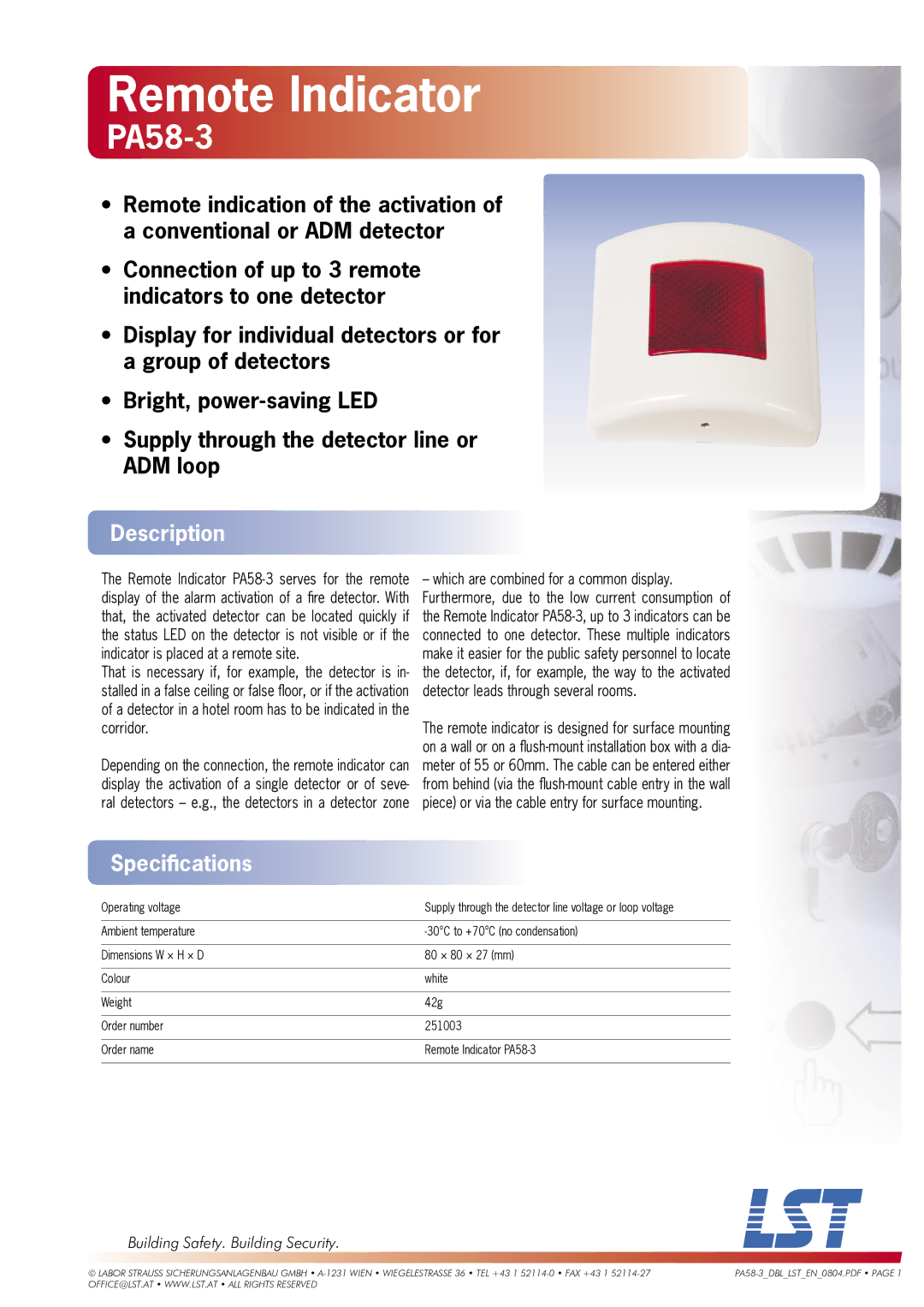 LST PA58-3 specifications Remote Indicator, Description, Speciﬁcations, Building Safety. Building Security 