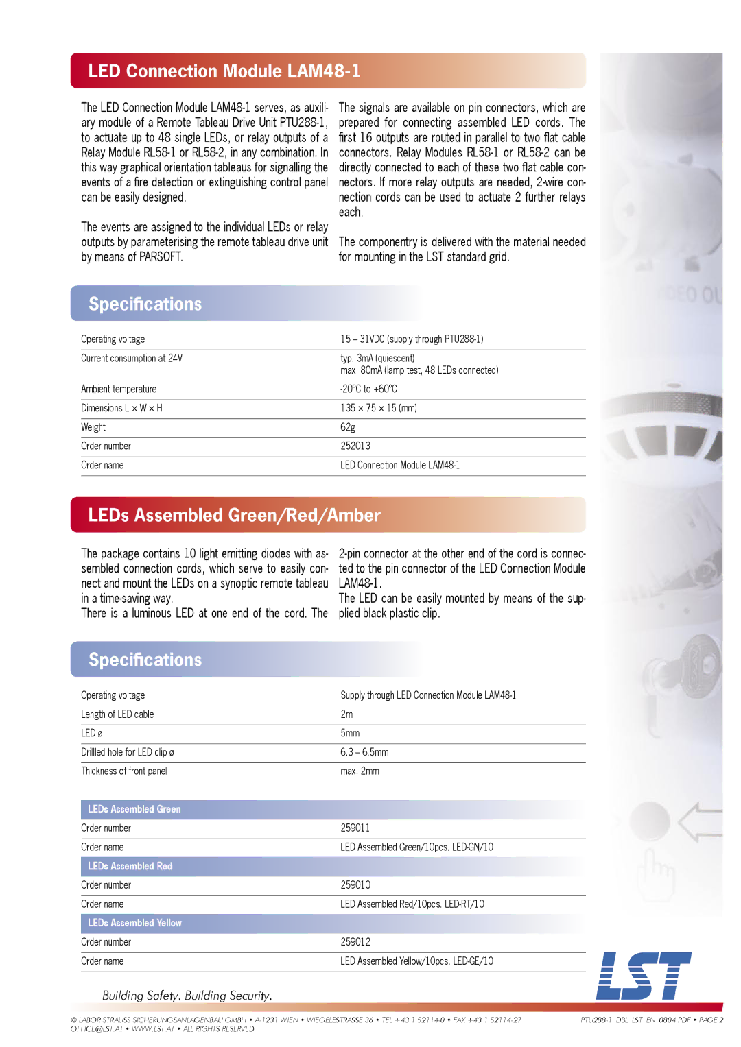 LST PTU288-1 specifications LED Connection Module LAM48-1, LEDs Assembled Green/Red/Amber 