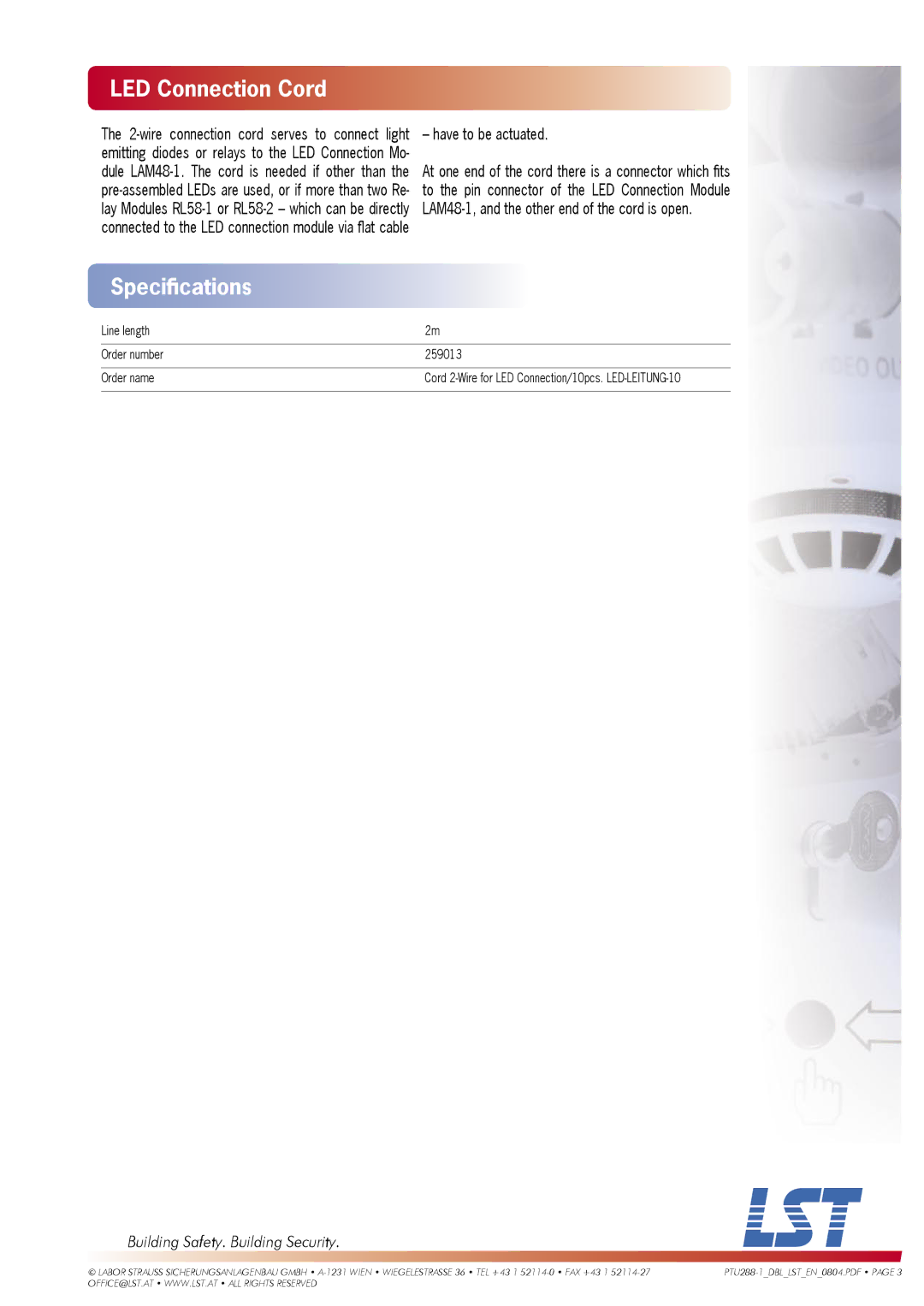 LST LAM48-1, PTU288-1 specifications LED Connection Cord, Have to be actuated 