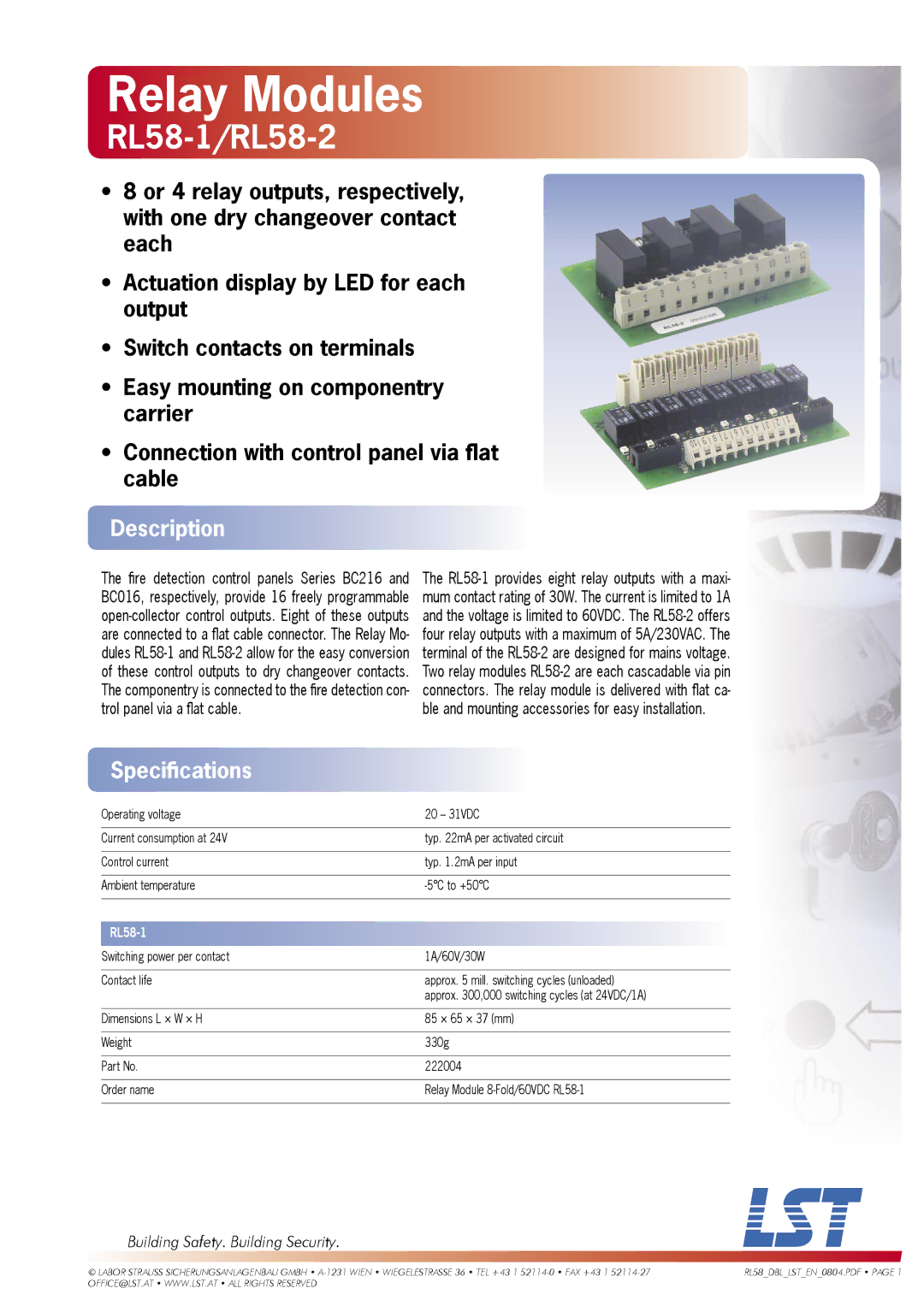 LST specifications Relay Modules, RL58-1/RL58-2, Description, Speciﬁcations, Building Safety. Building Security 