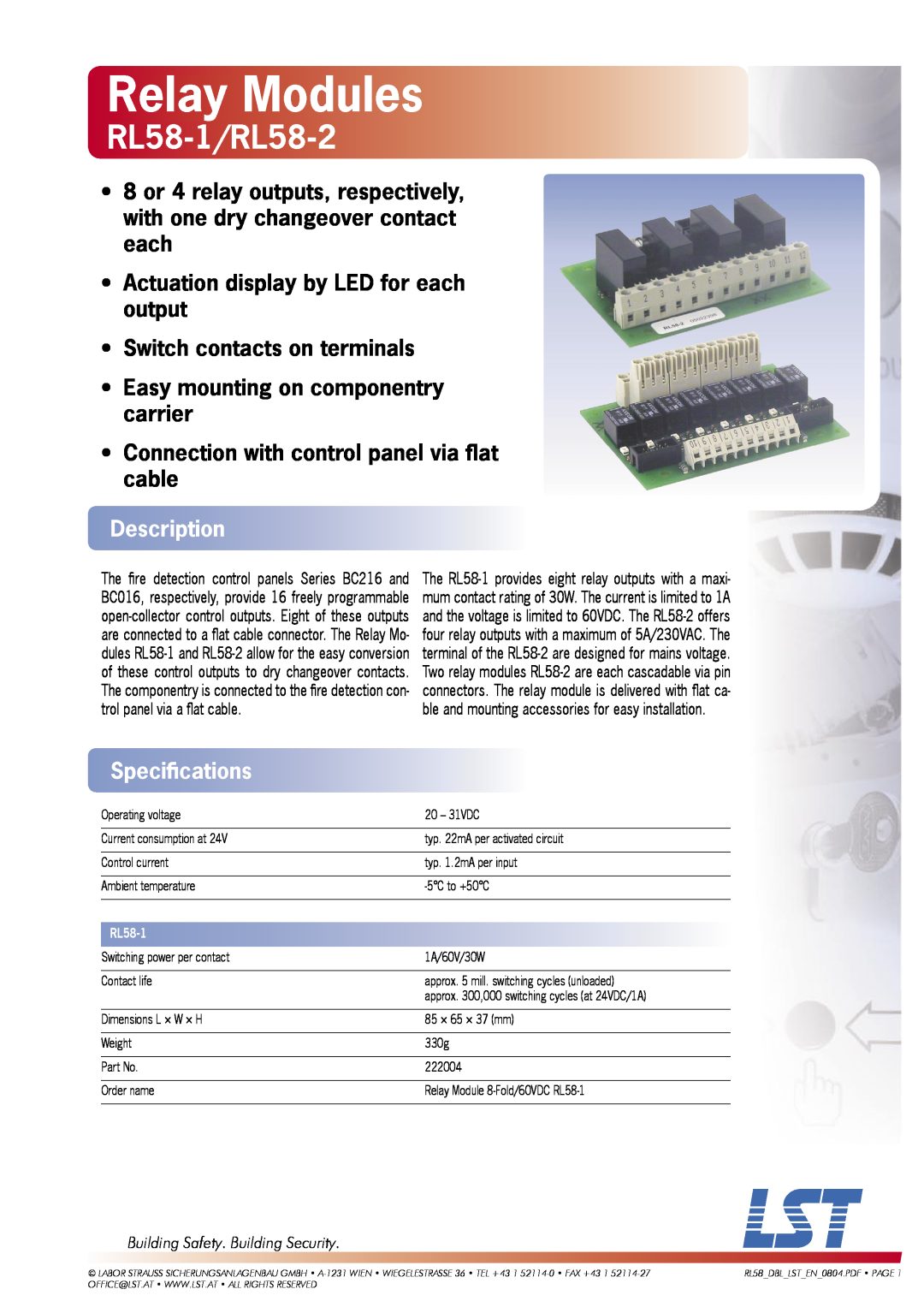 LST specifications Building Safety. Building Security, Relay Modules, RL58-1/RL58-2, Description, Speciﬁcations 