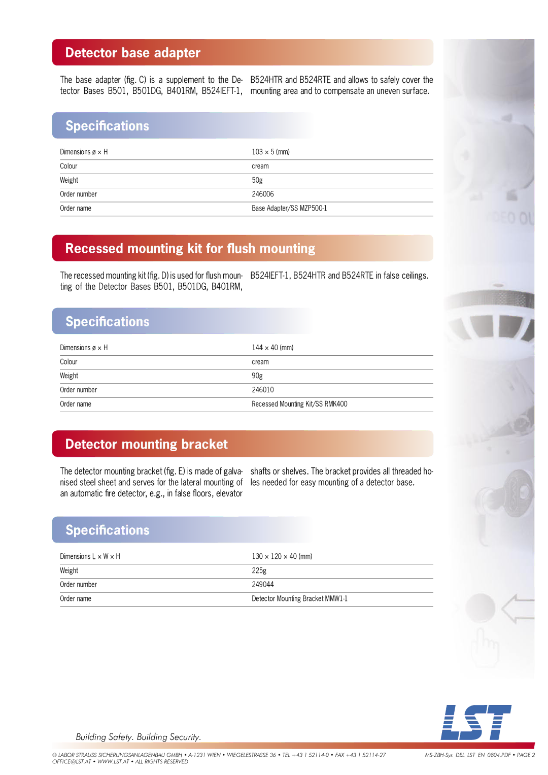 LST Series 200 dimensions Detector base adapter, Recessed mounting kit for ﬂush mounting, Detector mounting bracket 