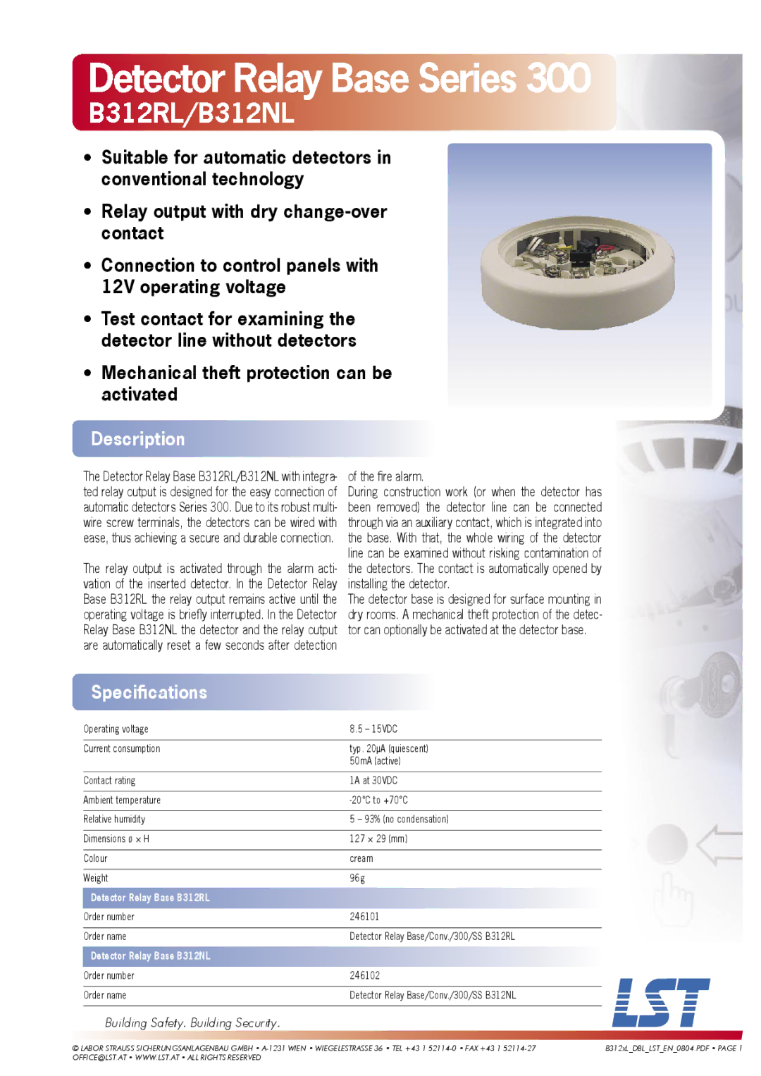 LST Series 300 specifications Detector Relay Base Series, B312RL/B312NL, Description, Speciﬁcations 