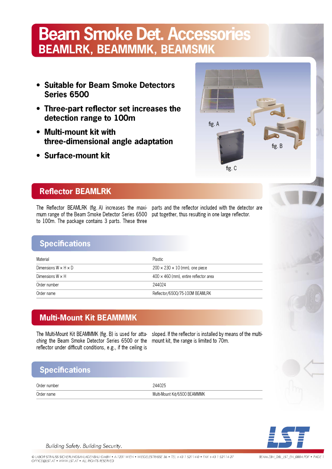 LST Series 6500 specifications Beam Smoke Det. Accessories, BEAMLRK, BEAMMMK, Beamsmk, Reﬂector Beamlrk, Speciﬁcations 