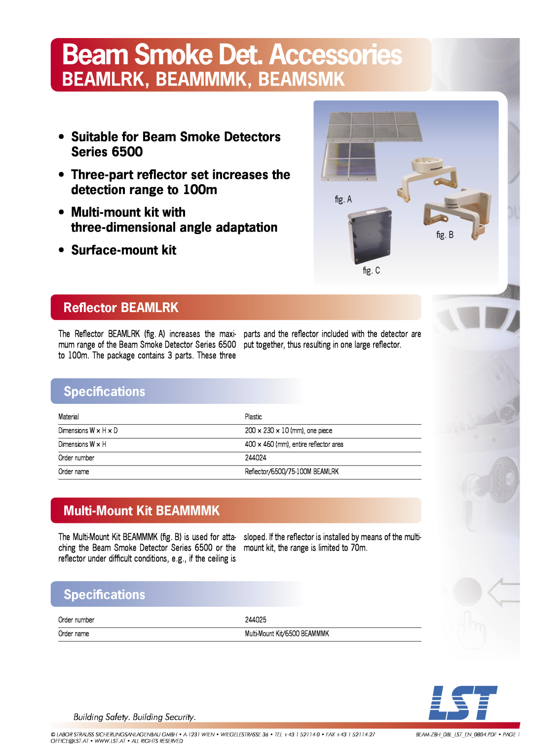 LST Series 6500 specifications Reﬂector BEAMLRK, Speciﬁcations, Multi-MountKit BEAMMMK, Beam Smoke Det. Accessories 