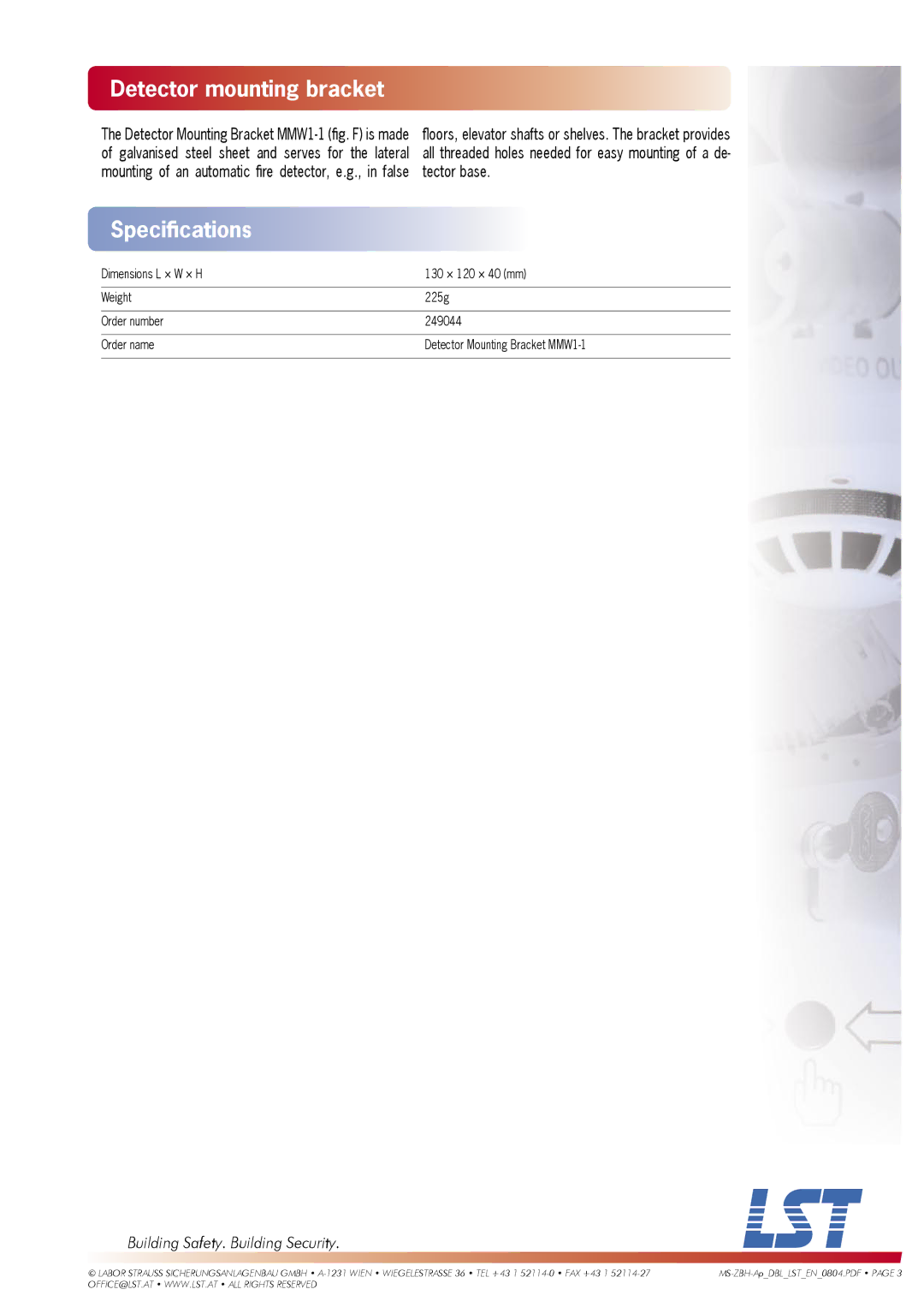 LST Series 65/XP95 dimensions Detector mounting bracket 