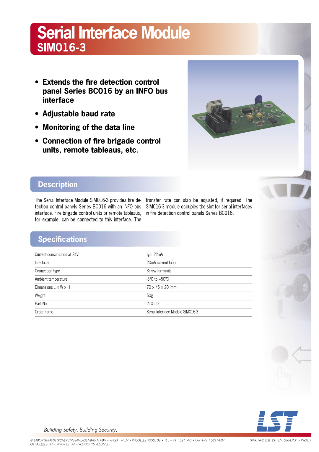 LST SIM016-3 specifications Serial Interface Module, Description, Speciﬁcations, Building Safety. Building Security 