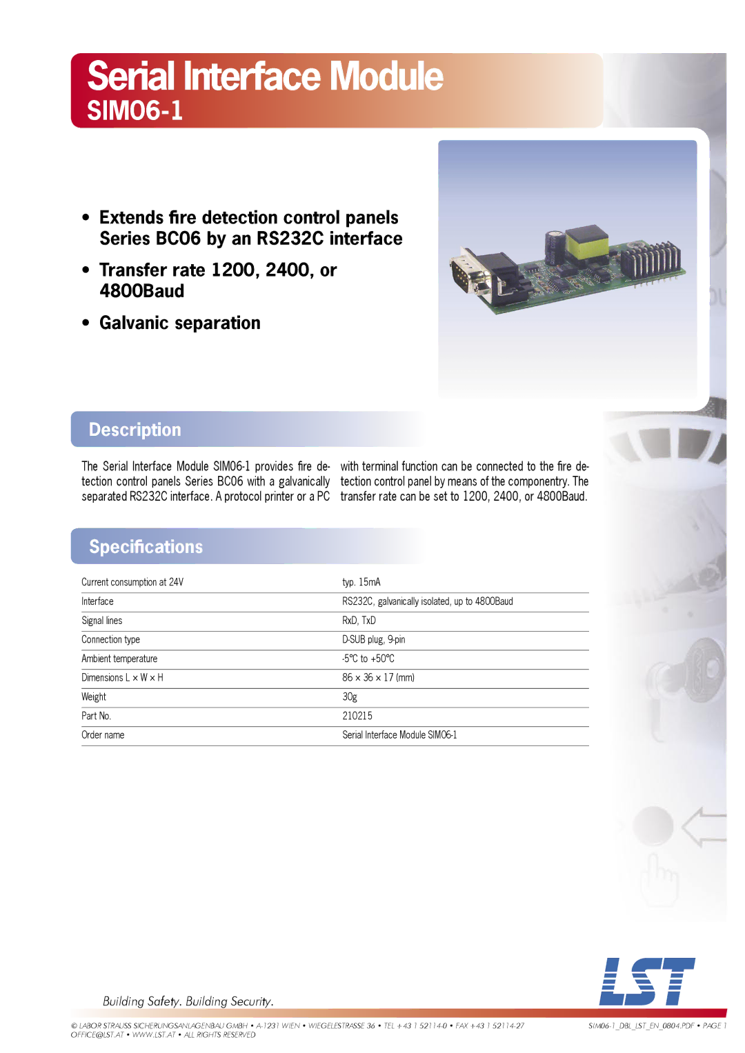 LST SIM06-1 specifications Serial Interface Module, Description, Speciﬁcations, Building Safety. Building Security 