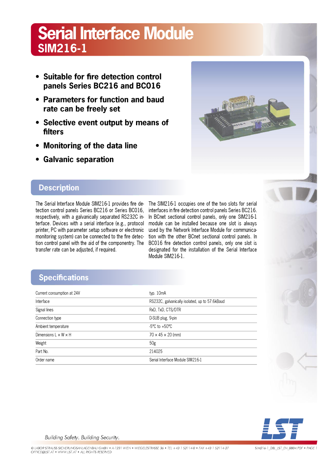 LST SIM216-1 specifications Serial Interface Module, Description, Speciﬁcations, Building Safety. Building Security 