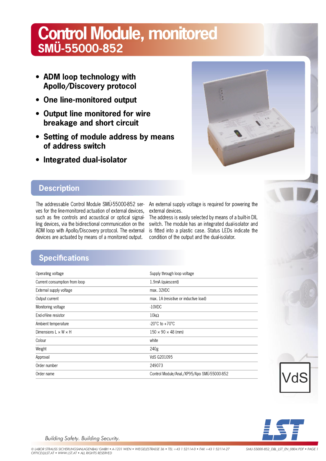 LST SM-55000-852 specifications Control Module, monitored, SMÜ-55000-852, Description, Speciﬁcations 