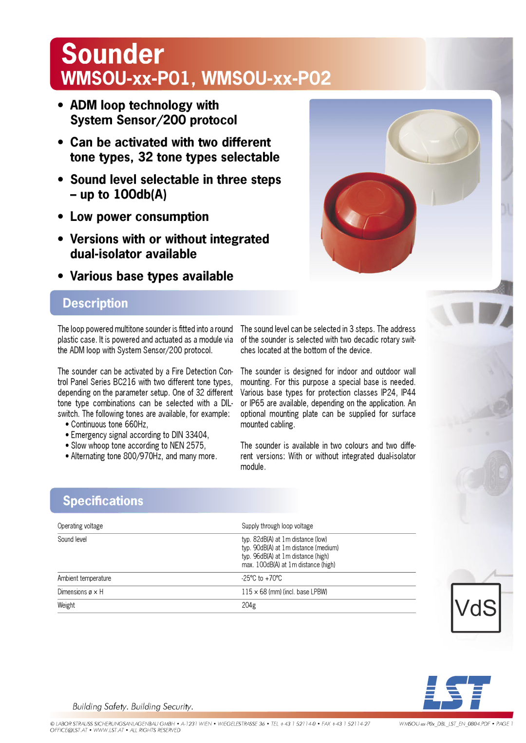 LST WMSOU-xx-P02, WMSOU-xx-P01 specifications Description, Speciﬁcations 