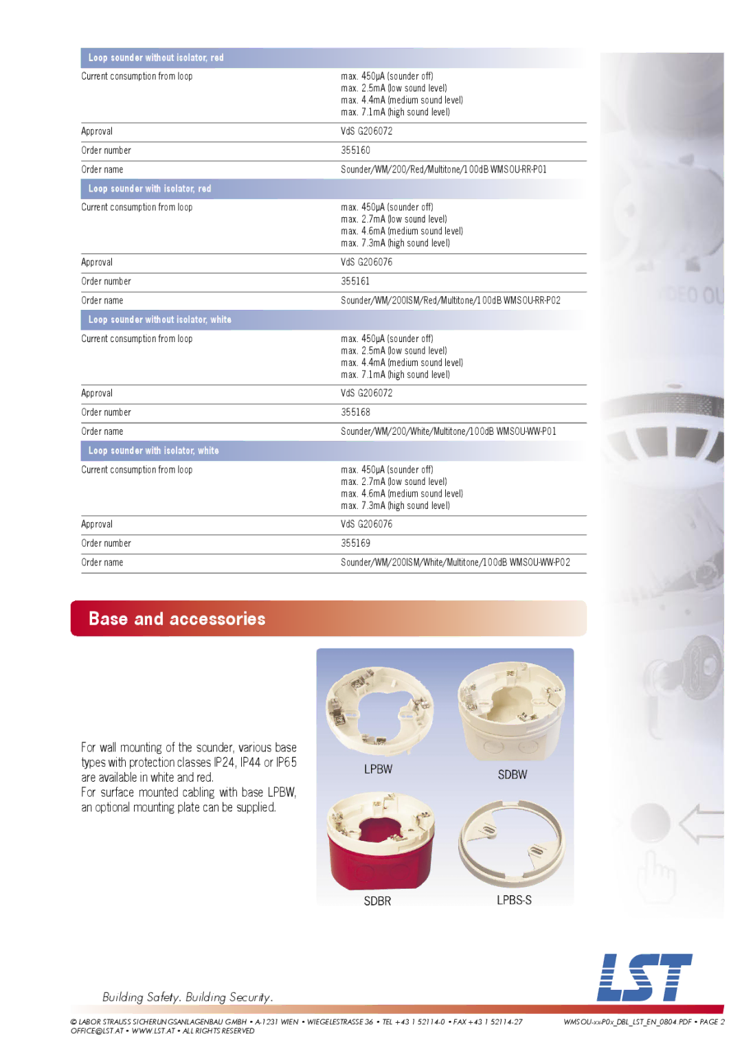 LST WMSOU-xx-P01, WMSOU-xx-P02 Base and accessories, Loop sounder without isolator, red, Loop sounder with isolator, red 