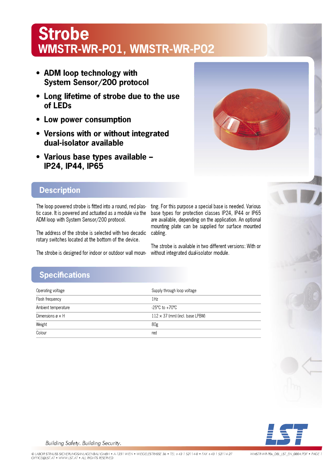 LST specifications Strobe, WMSTR-WR-P01, WMSTR-WR-P02, Description, Speciﬁcations, Building Safety. Building Security 